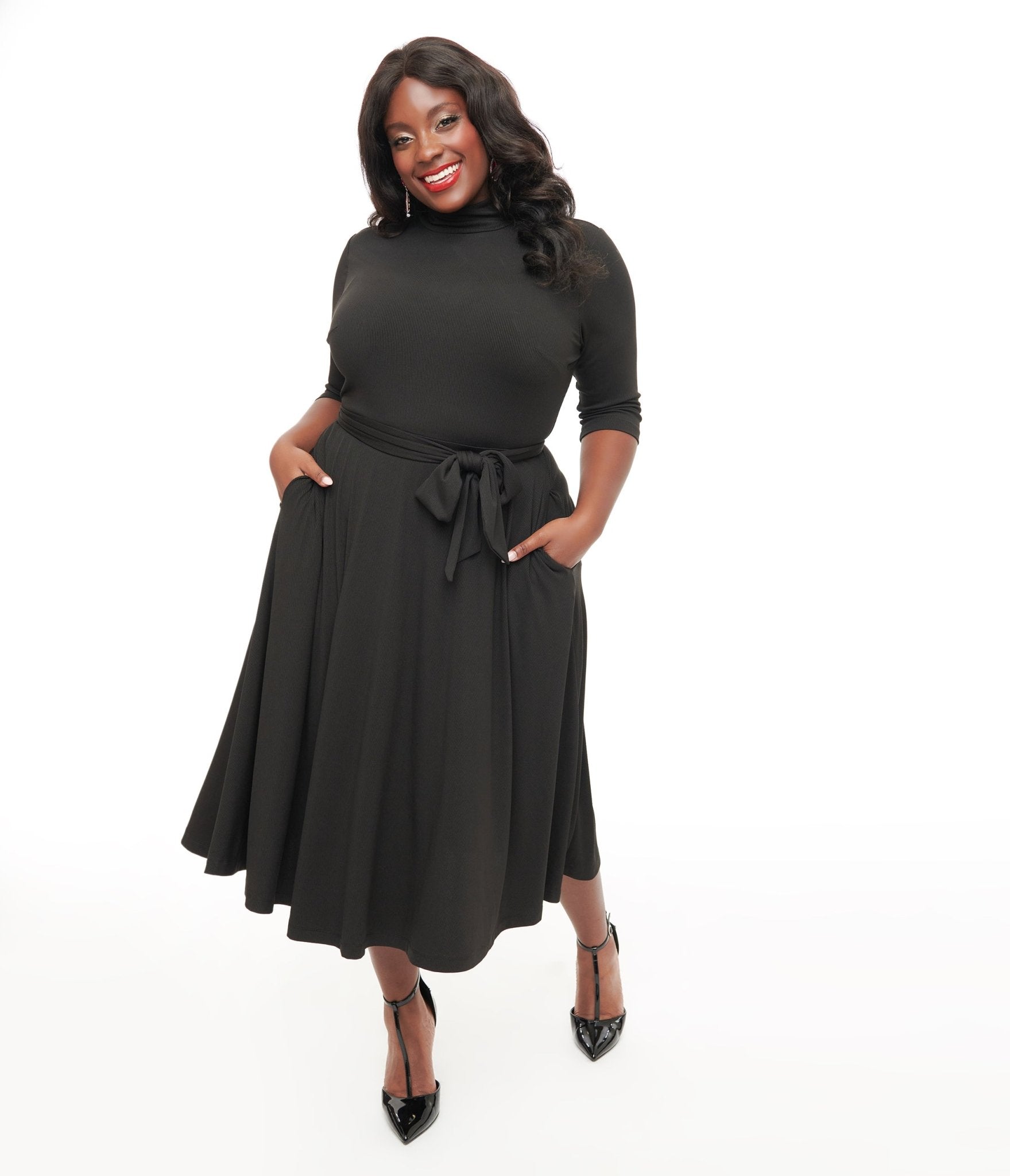 Unique Vintage Plus Size 1950s Black Turtle Neck Midi Dress - Unique Vintage - Womens, DRESSES, MIDI
