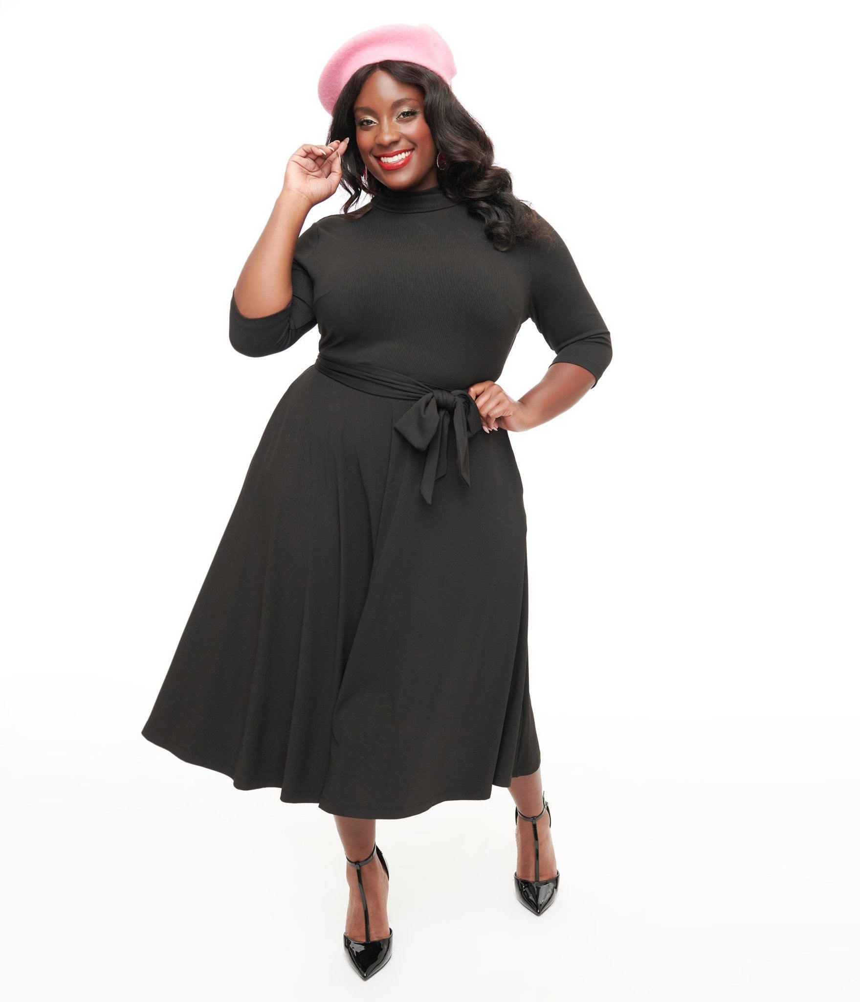 Unique Vintage Plus Size 1950s Black Turtle Neck Midi Dress - Unique Vintage - Womens, DRESSES, MIDI