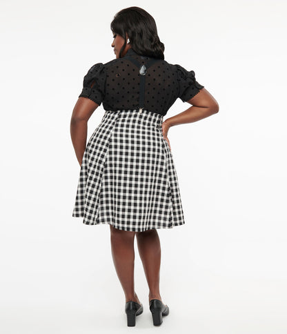 Unique Vintage Plus Size 1950s Black & White Gingham Suspender Flare Skirt - Unique Vintage - Womens, BOTTOMS, SKIRTS