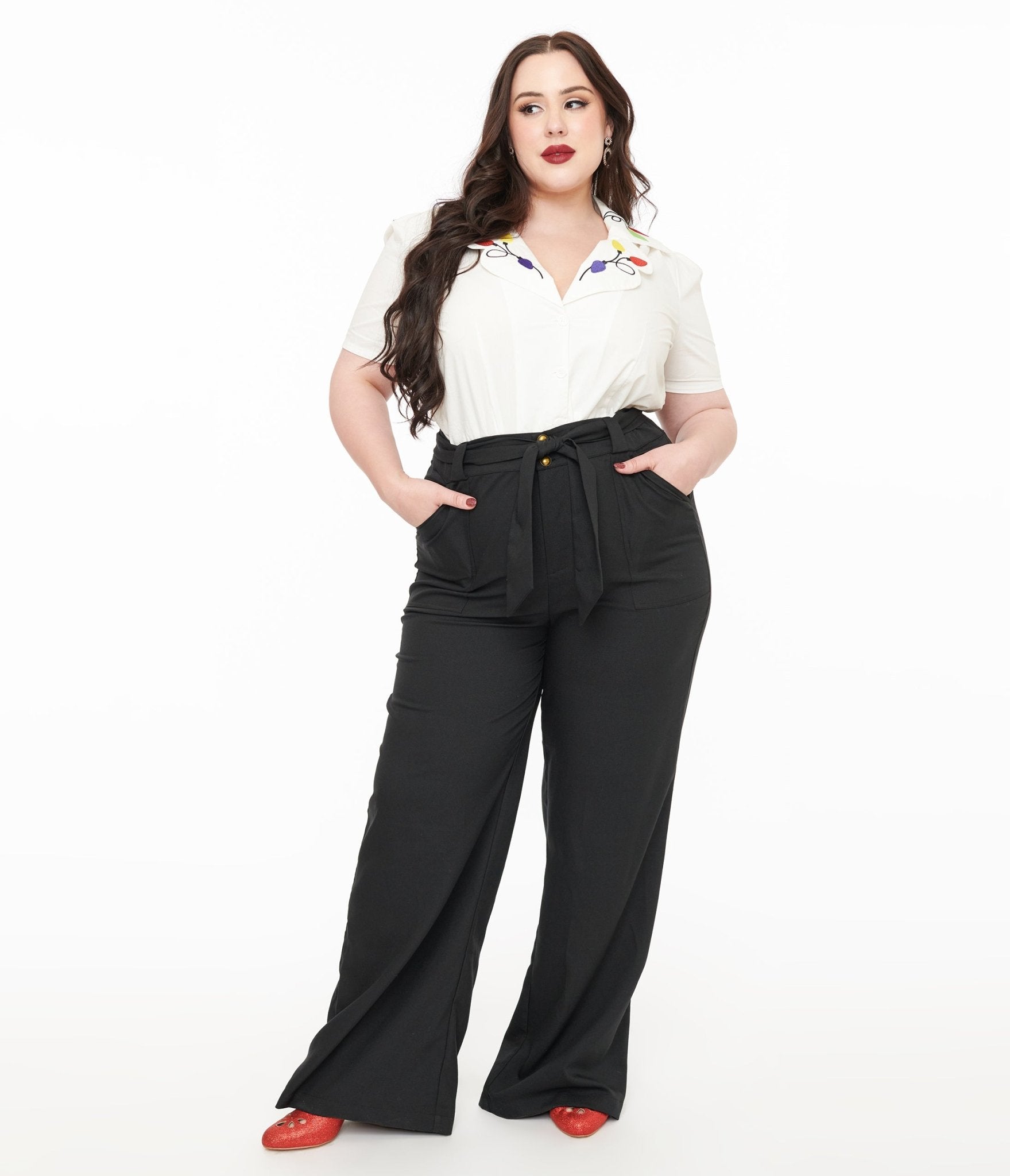 Unique Vintage Plus Size 1950s Black Wide Leg Trousers - Unique Vintage - Womens, BOTTOMS, PANTS