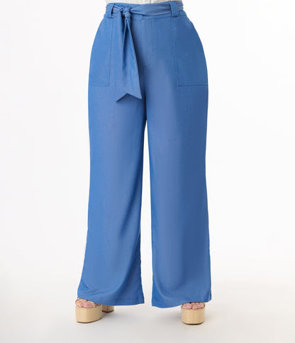 Unique Vintage Plus Size 1950s Blue Chambray Wide Leg Trousers - Unique Vintage - Womens, BOTTOMS, PANTS