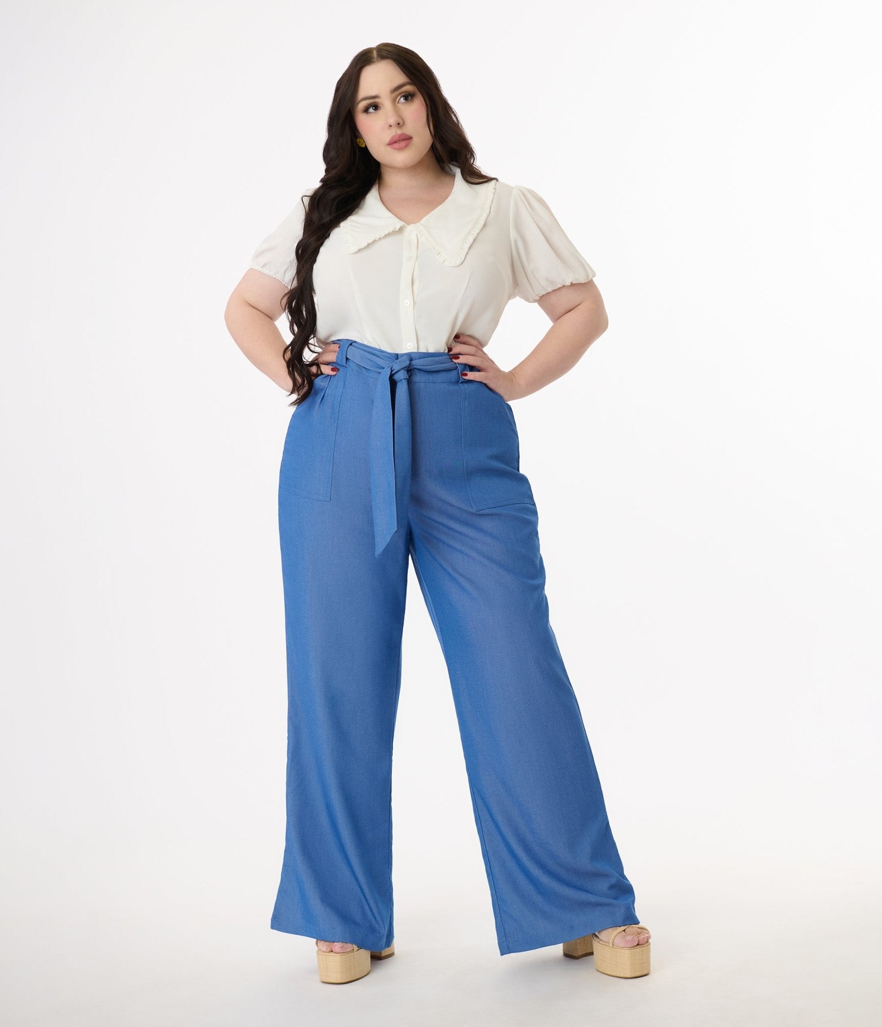 Unique Vintage Plus Size 1950s Blue Chambray Wide Leg Trousers - Unique Vintage - Womens, BOTTOMS, PANTS