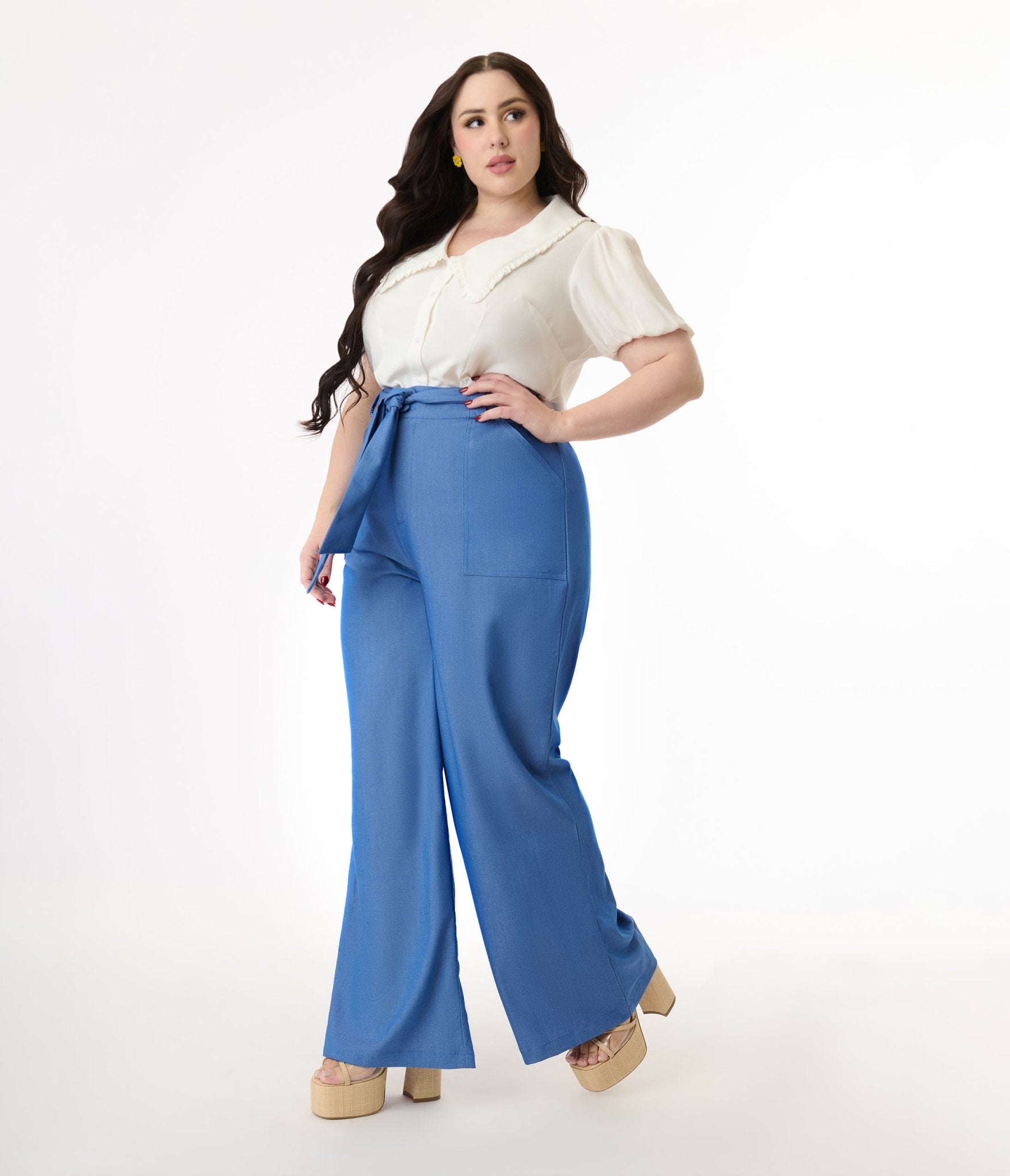 Unique Vintage Plus Size 1950s Blue Chambray Wide Leg Trousers - Unique Vintage - Womens, BOTTOMS, PANTS