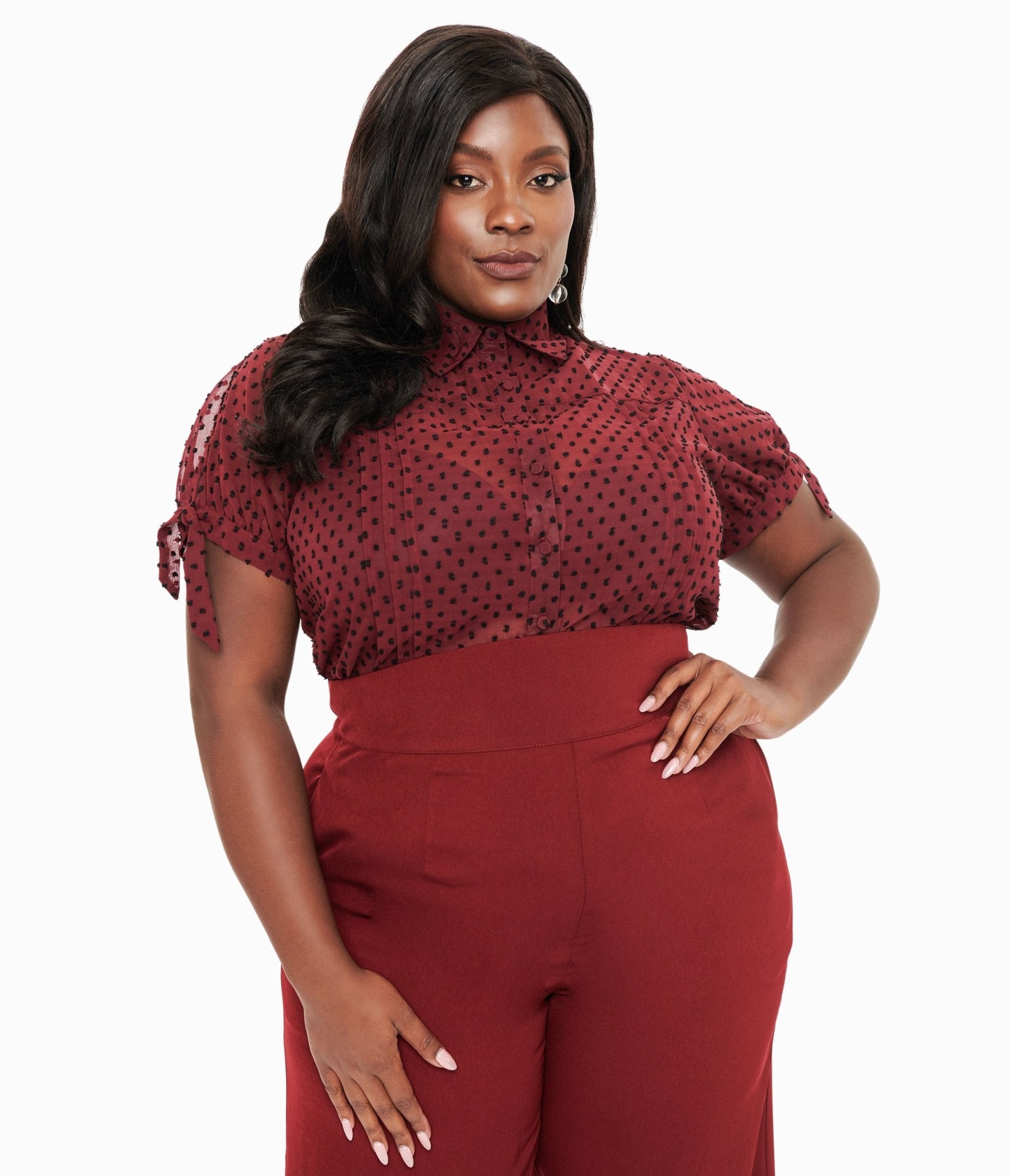 Unique Vintage Plus Size 1950s Burgundy & Black Clip Dot Tie Cuff Blouse - Unique Vintage - Womens, TOPS, WOVEN TOPS