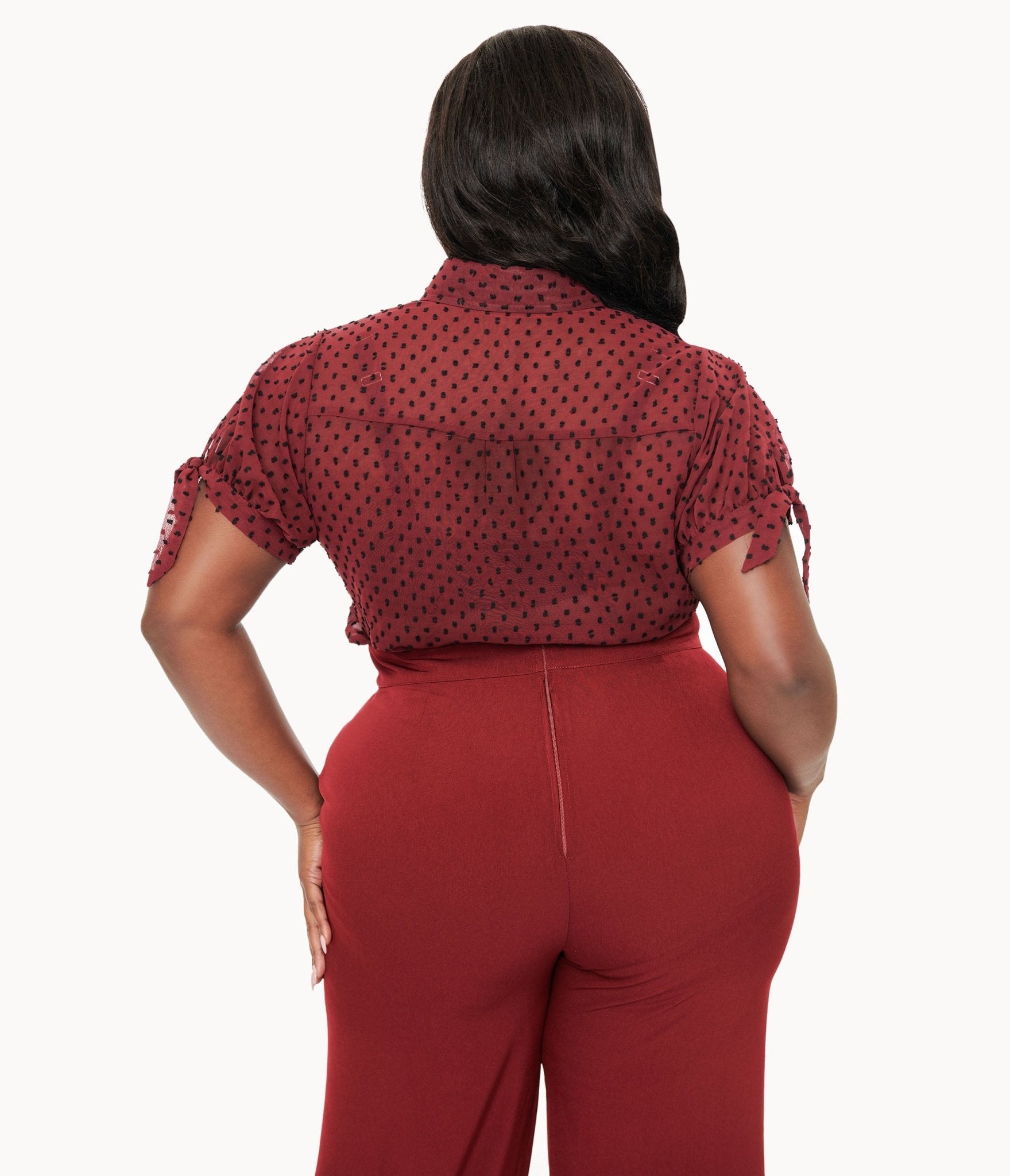 Unique Vintage Plus Size 1950s Burgundy & Black Clip Dot Tie Cuff Blouse - Unique Vintage - Womens, TOPS, WOVEN TOPS