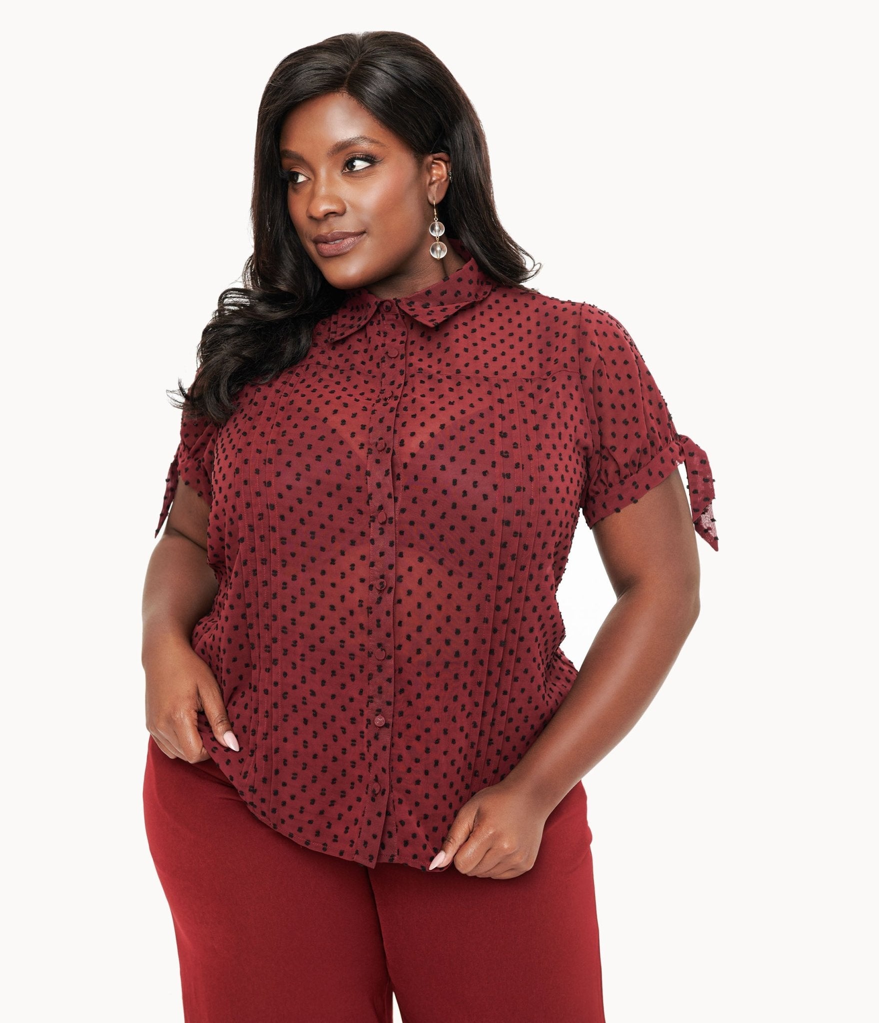 Unique Vintage Plus Size 1950s Burgundy & Black Clip Dot Tie Cuff Blouse - Unique Vintage - Womens, TOPS, WOVEN TOPS