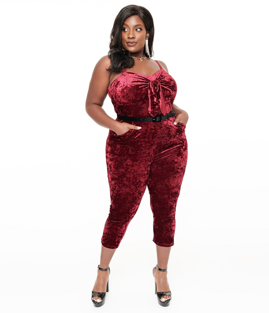 Unique Vintage Plus Size 1950s Burgundy Crushed Velvet Cropped Jumpsuit - Unique Vintage - Womens, BOTTOMS, ROMPERS JUMPSUITS