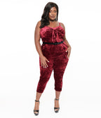 Unique Vintage Plus Size 1950s Burgundy Crushed Velvet Cropped Jumpsuit - Unique Vintage - Womens, BOTTOMS, ROMPERS JUMPSUITS