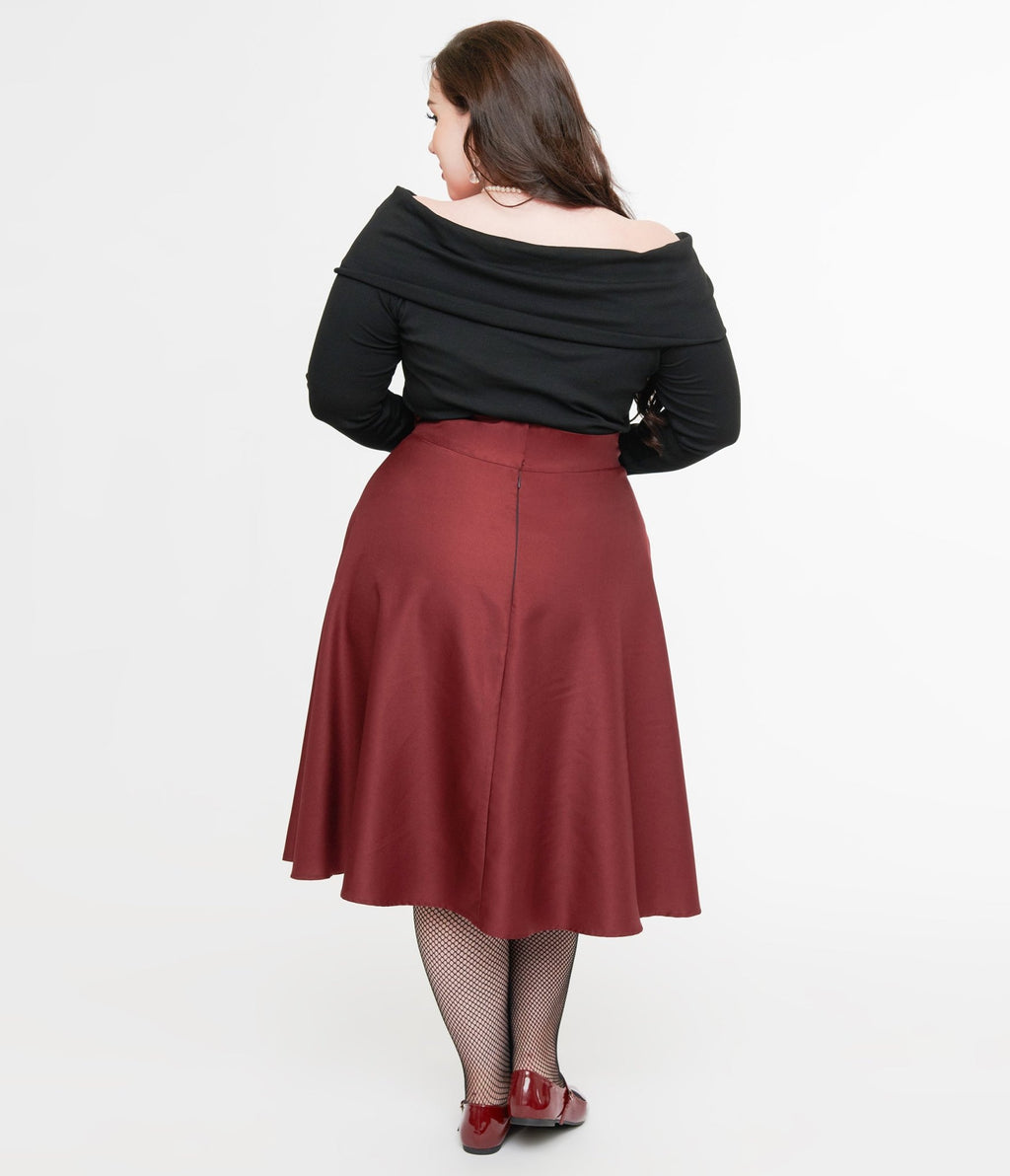 Unique Vintage Plus Size 1950s Burgundy High Waist Vivien Swing Skirt - Unique Vintage - Womens, BOTTOMS, SKIRTS