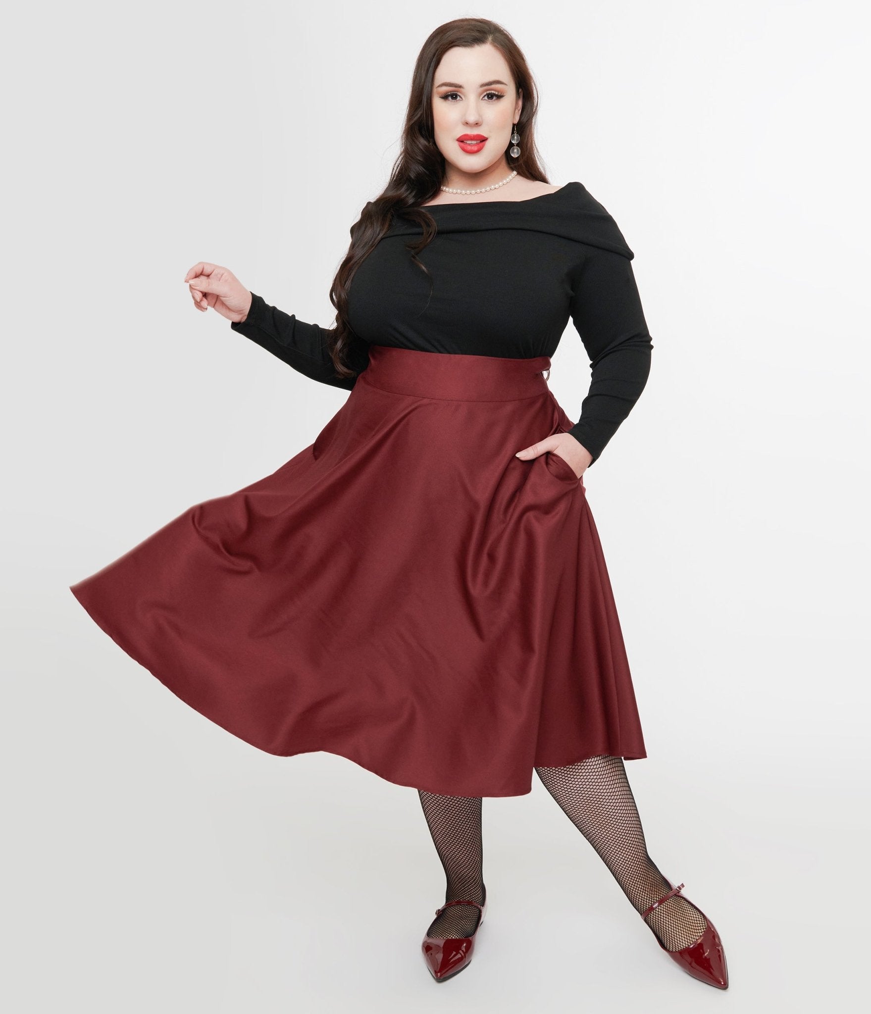 Unique Vintage Plus Size 1950s Burgundy High Waist Vivien Swing Skirt - Unique Vintage - Womens, BOTTOMS, SKIRTS