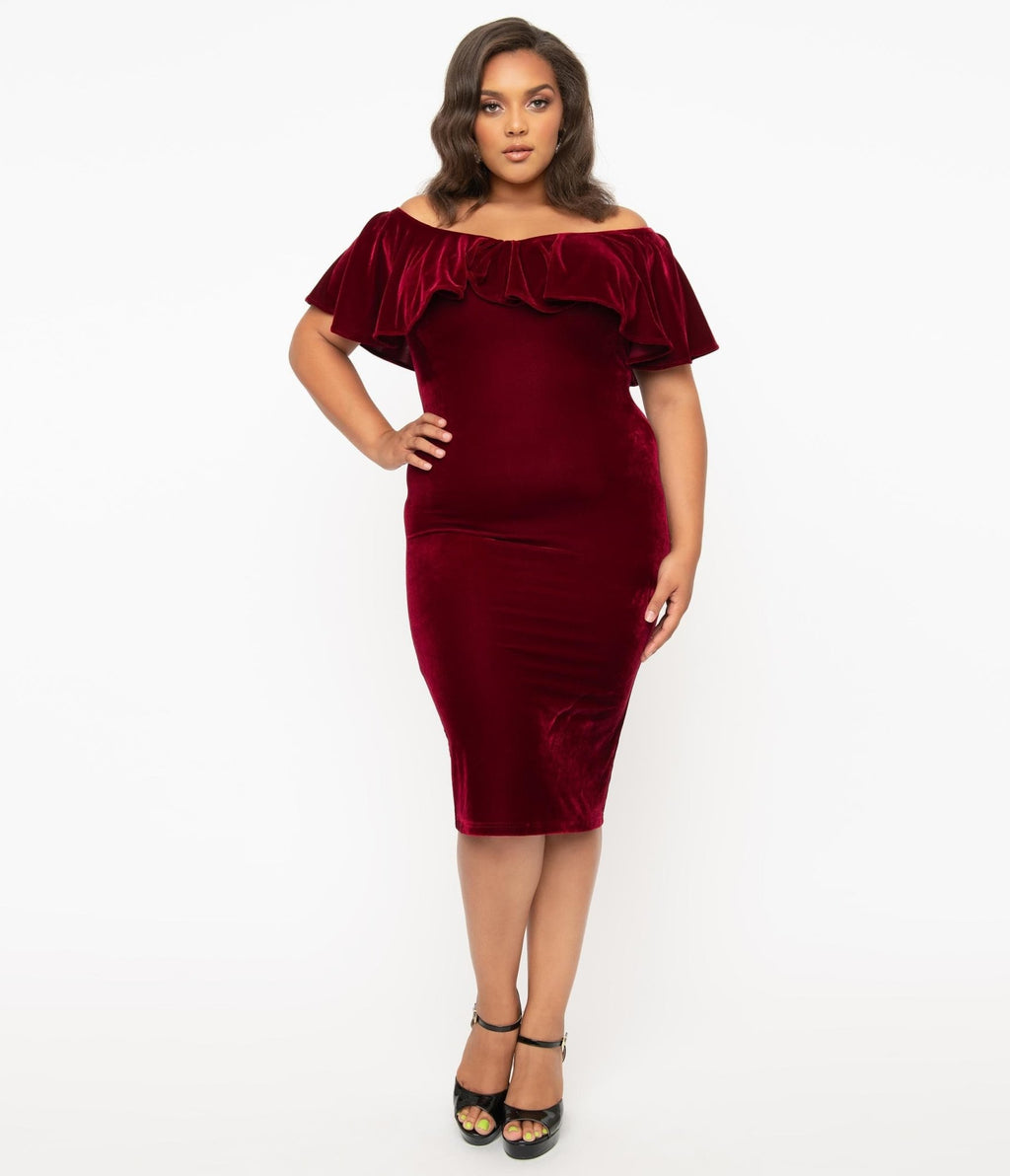 Unique Vintage Plus Size 1950s Burgundy Red Velvet Sophia Wiggle Dress - Unique Vintage - Womens, DRESSES, WIGGLE