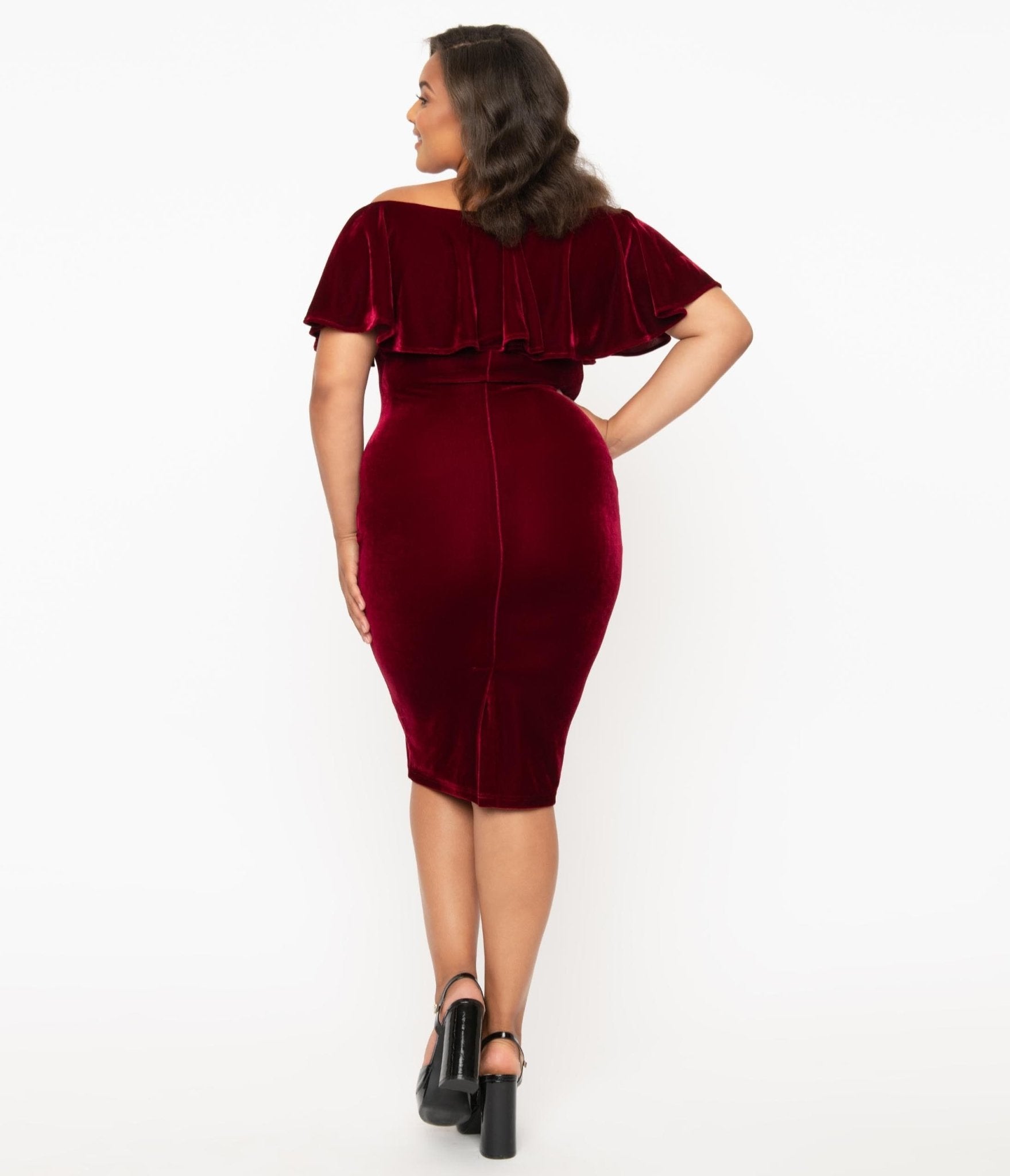 Unique Vintage Plus Size 1950s Burgundy Red Velvet Sophia Wiggle Dress Unique Vintage Plus Size 1950s Burgundy Red Velvet Sophia Wiggle Dress