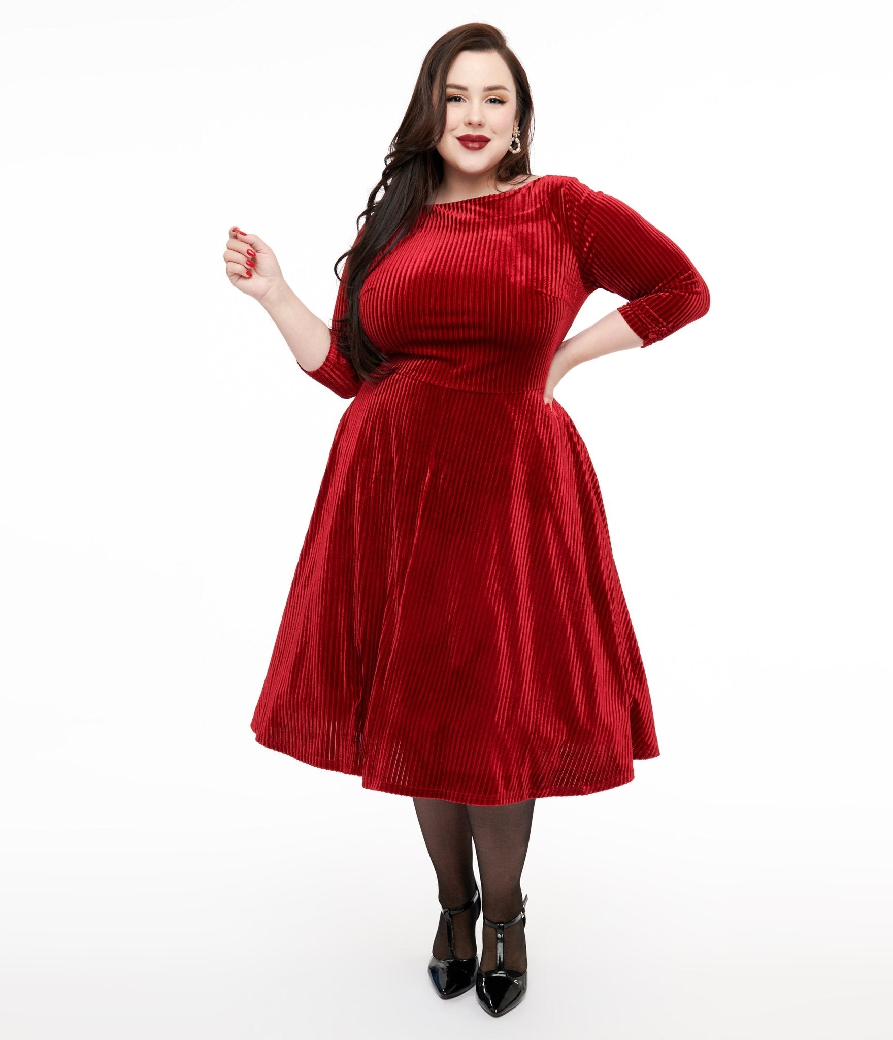 Unique Vintage Plus Size 1950s Burgundy Textured Velvet Devon Swing Dress - Unique Vintage - Womens, DRESSES, SWING
