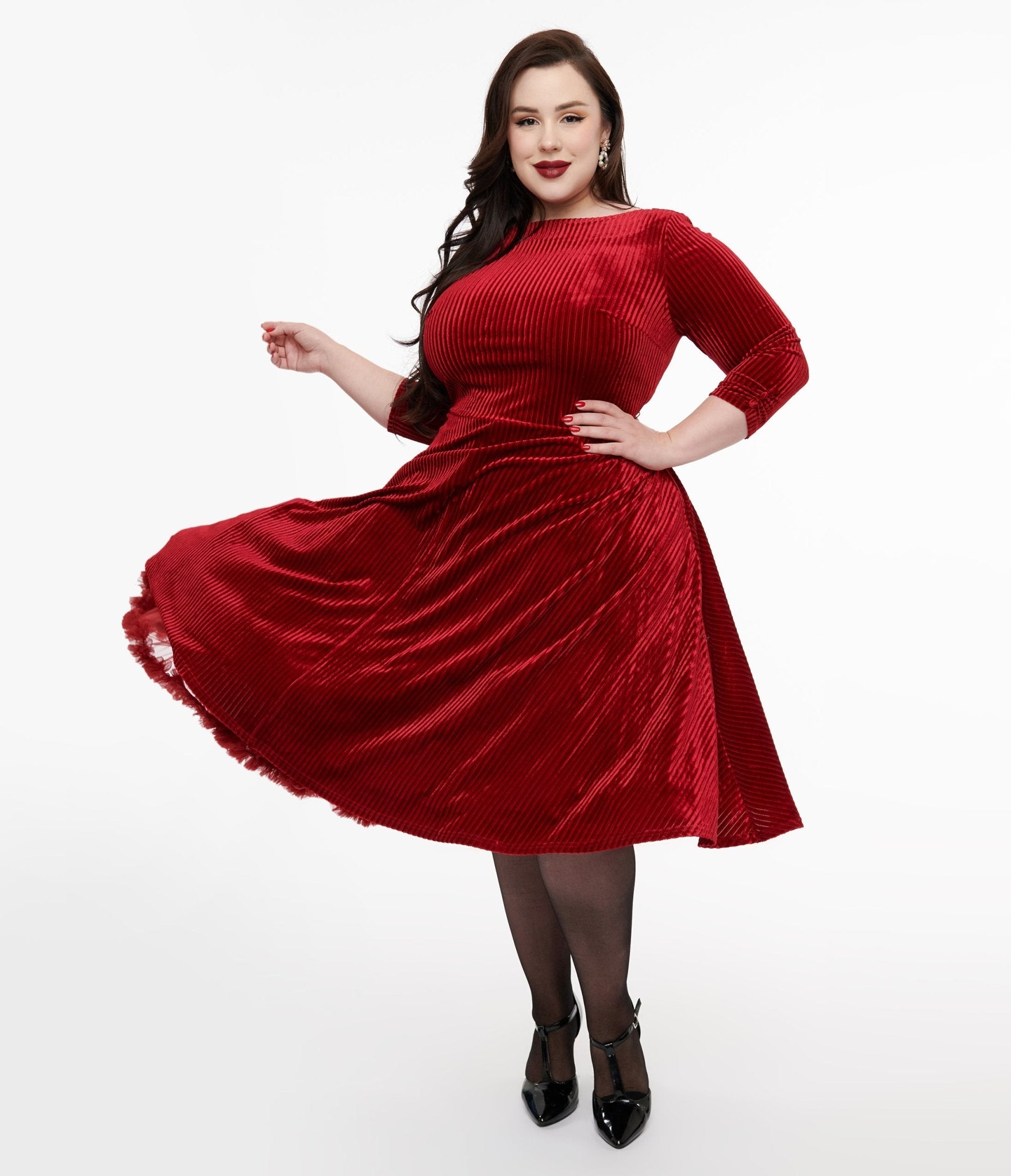 Unique Vintage Plus Size 1950s Burgundy Textured Velvet Devon Swing Dress - Unique Vintage - Womens, DRESSES, SWING