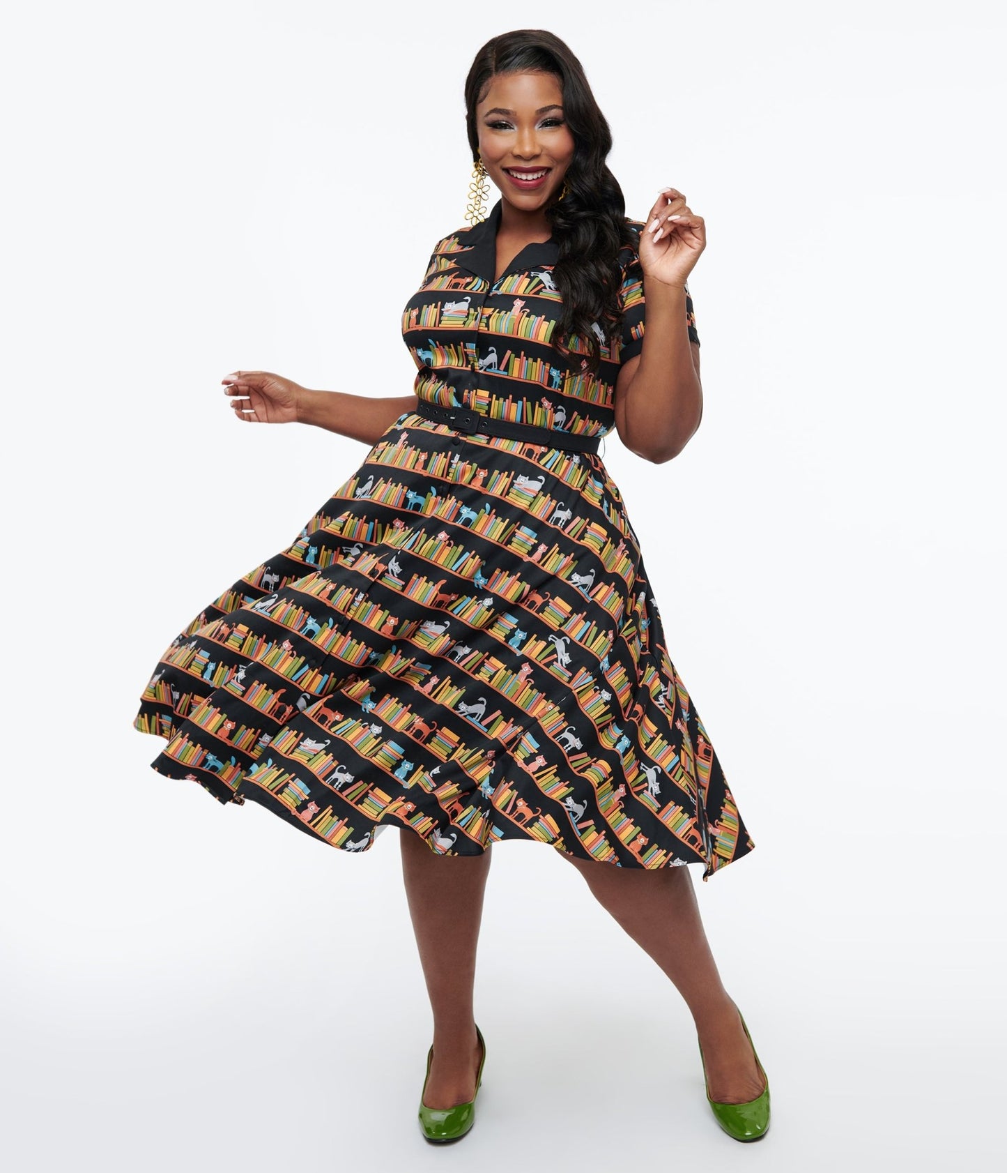Unique Vintage Plus Size 1950s Cat & Bookshelf Print Alexis Swing Dress - Unique Vintage - Womens, DRESSES, SWING