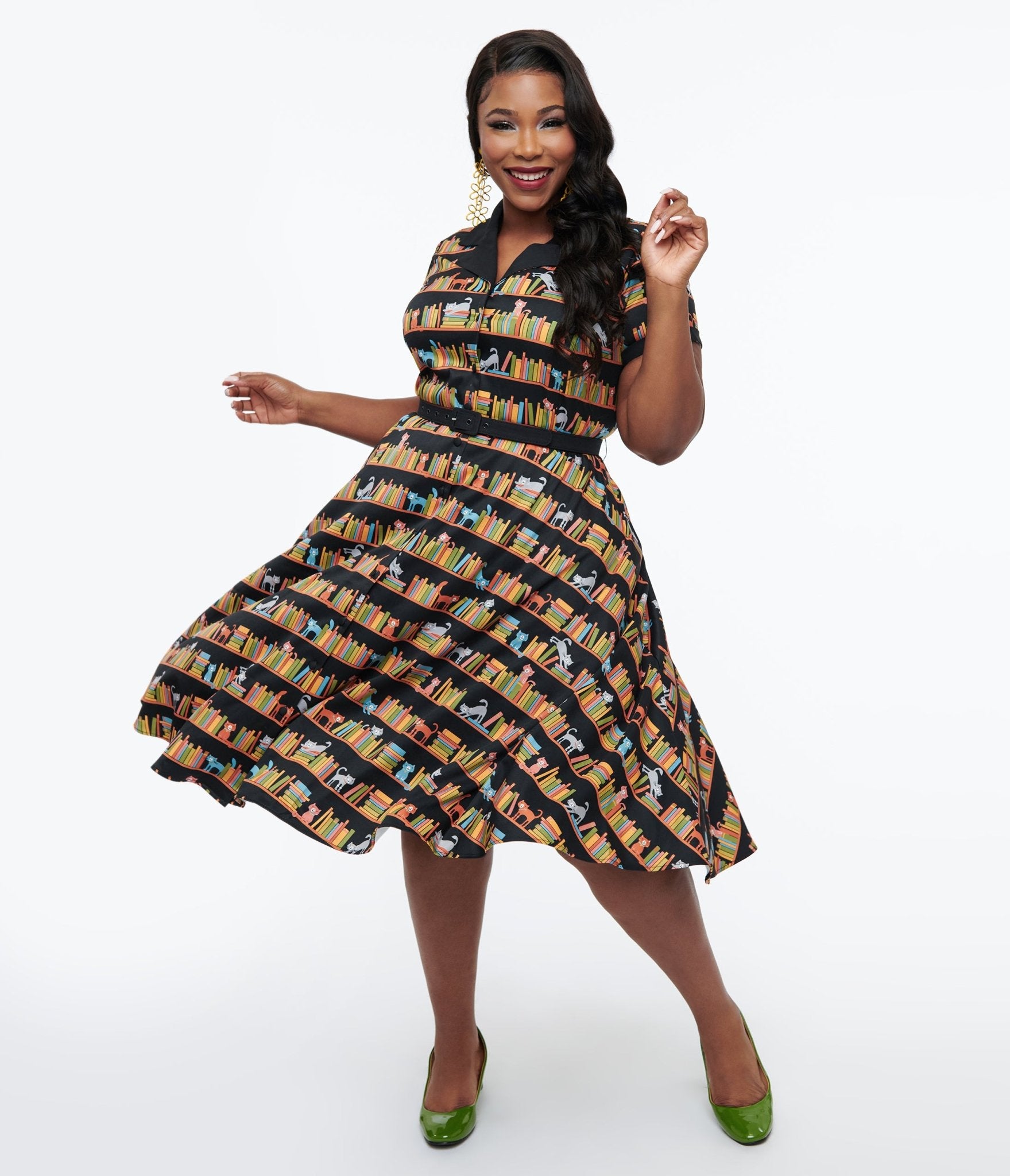 Unique Vintage Plus Size 1950s Cat & Bookshelf Print Alexis Swing Dress - Unique Vintage - Womens, DRESSES, SWING