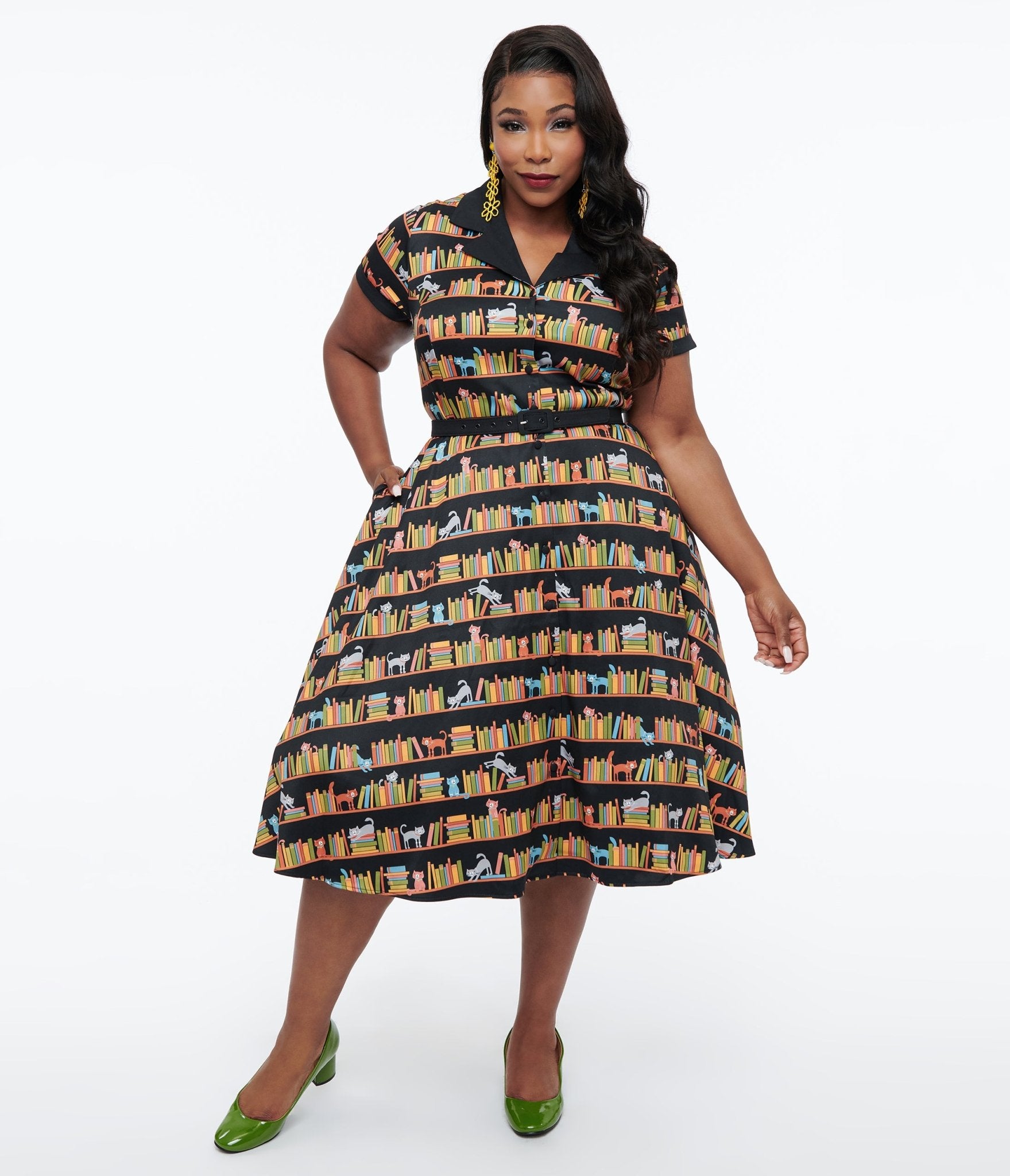 Unique Vintage Plus Size 1950s Cat & Bookshelf Print Alexis Swing Dress - Unique Vintage - Womens, DRESSES, SWING