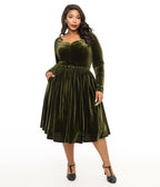 Unique Vintage Plus Size 1950s Dark Olive Velvet Sweetheart Swing Dress - Unique Vintage - Womens, DRESSES, SWING
