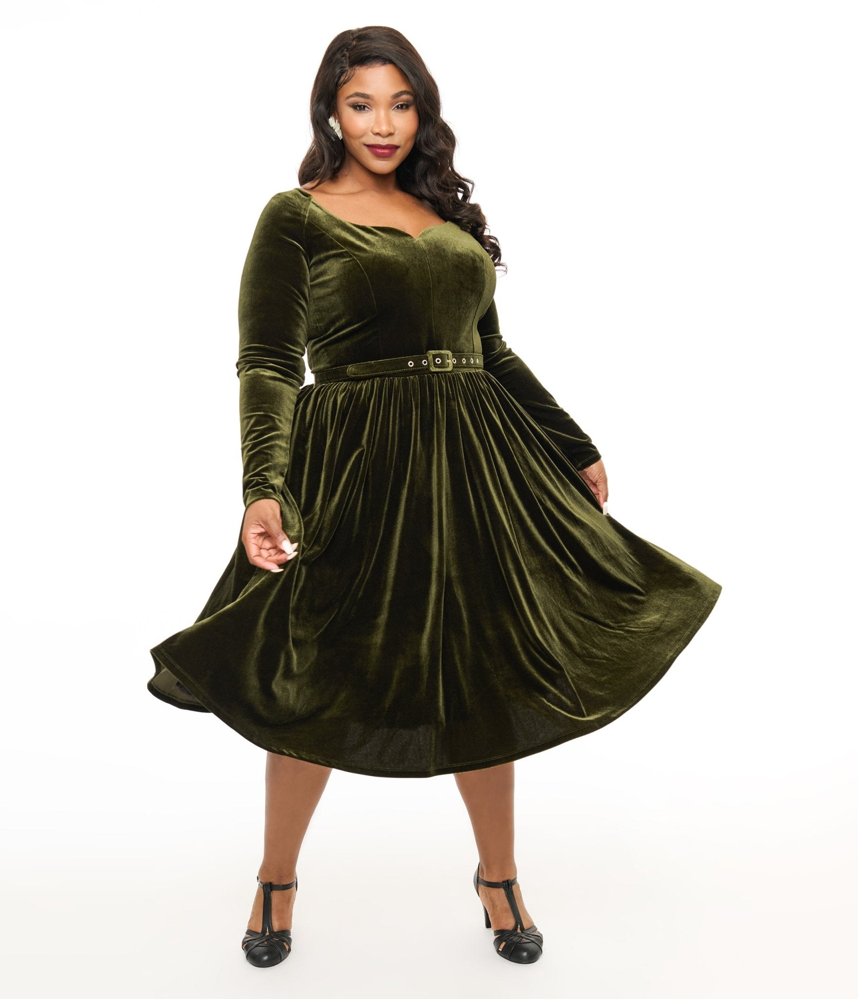Unique Vintage Plus Size 1950s Dark Olive Velvet Sweetheart Swing Dress - Unique Vintage - Womens, DRESSES, SWING