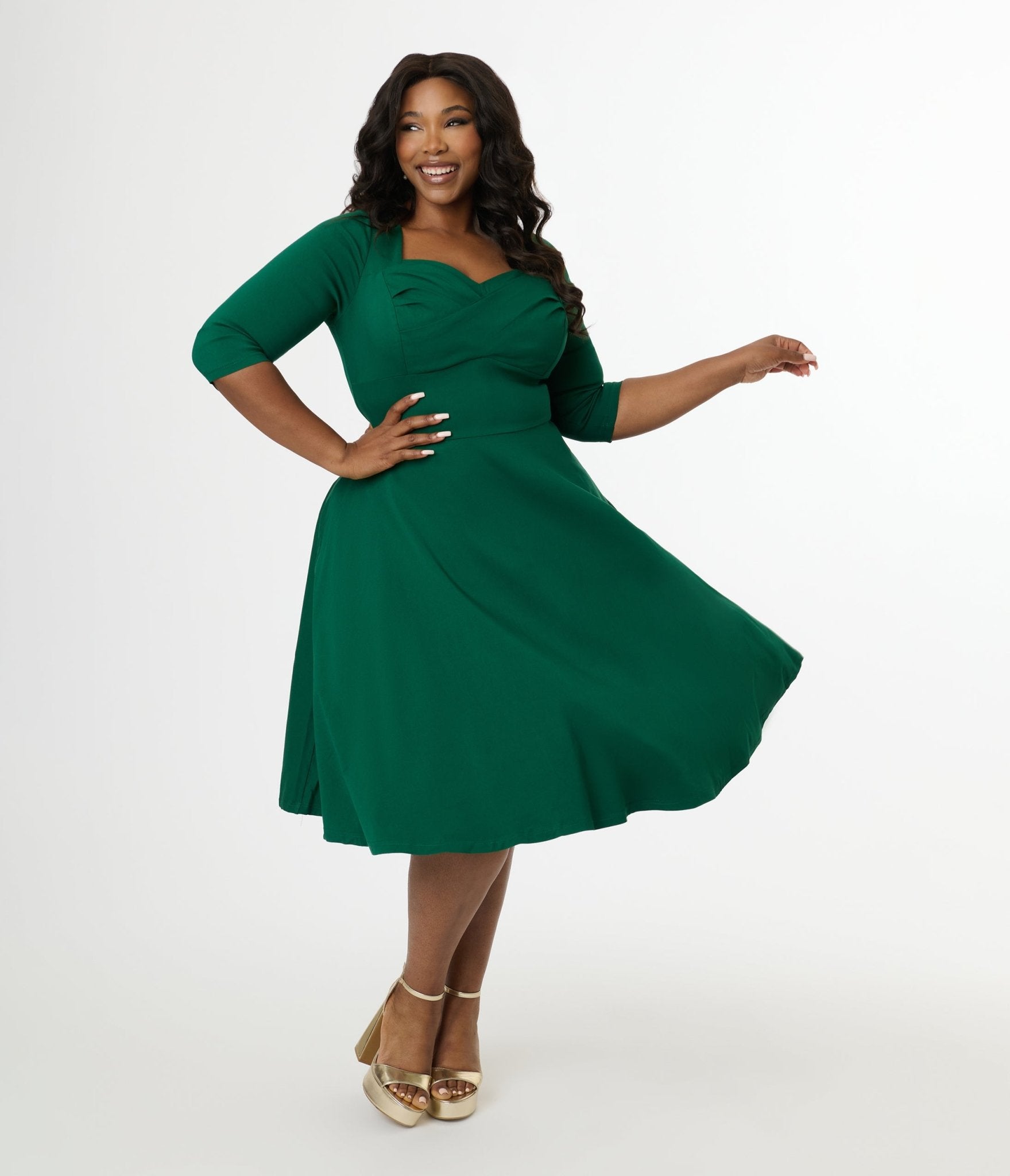 Unique Vintage Plus Size 1950s Emerald Green Pleated Bust Swing Dress - Unique Vintage - Womens, DRESSES, SWING