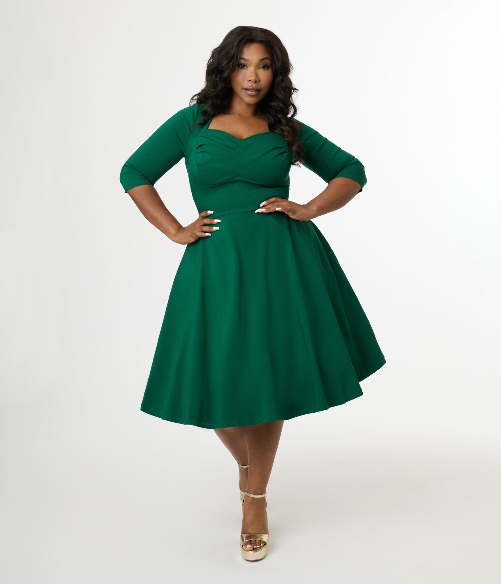 Unique Vintage Plus Size 1950s Emerald Green Pleated Bust Swing Dress - Unique Vintage - Womens, DRESSES, SWING