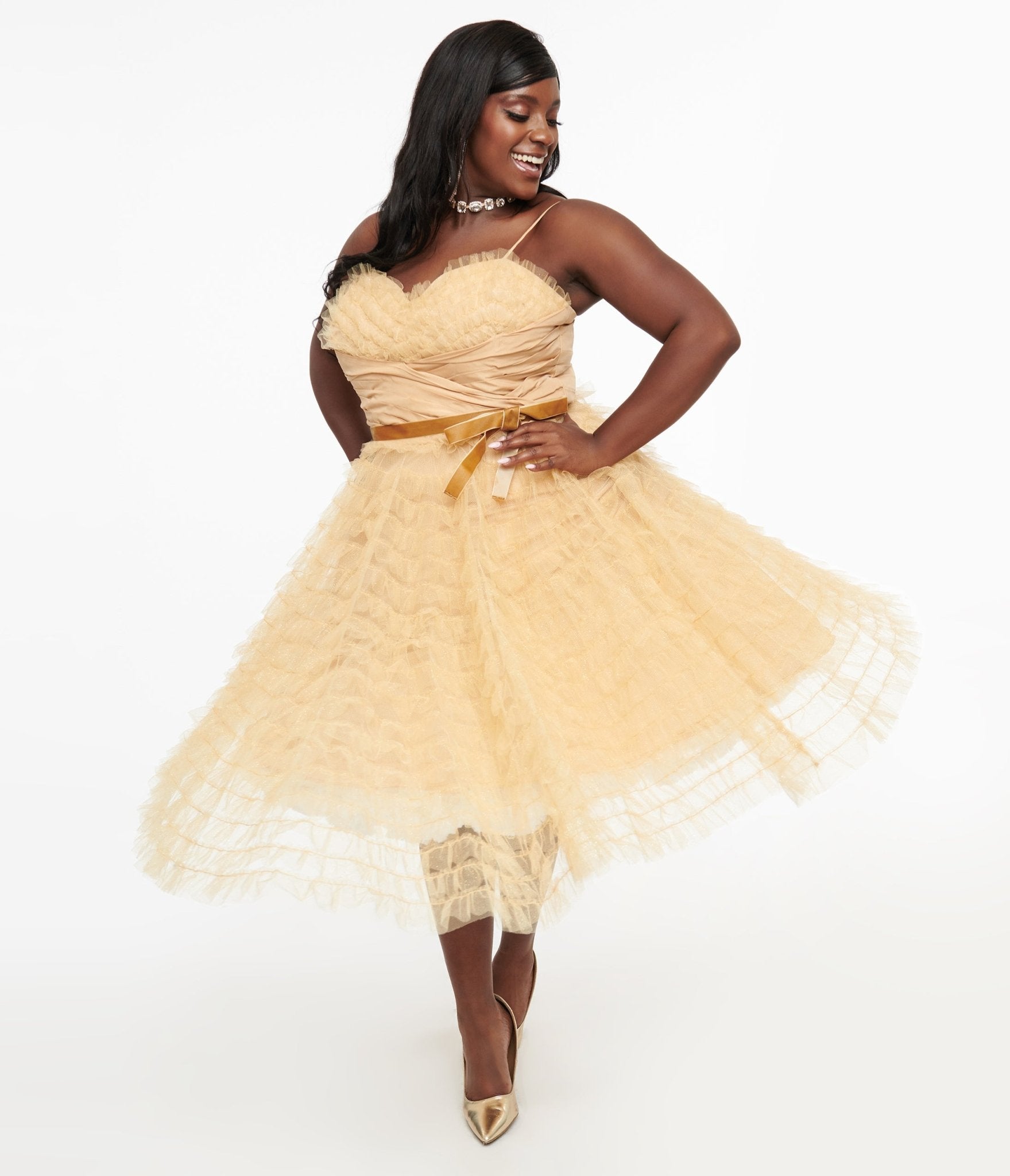 Unique Vintage Plus Size 1950s Gold Glitter Tulle Cupcake Swing Dress - Unique Vintage - Womens, HALLOWEEN, DRESSES