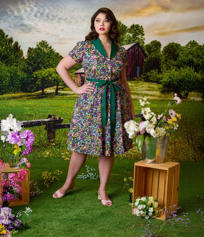 Unique Vintage Plus Size 1950s Green Ditsy Floral Cotton Shirt Dress - Unique Vintage - Womens, DRESSES, SWING