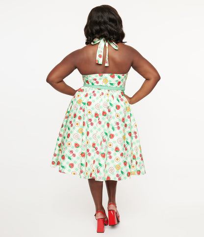 Unique Vintage Plus Size 1950s Green Gingham Spooky Fruit Print Halter Swing Dress - Unique Vintage - Womens, DRESSES, SWING