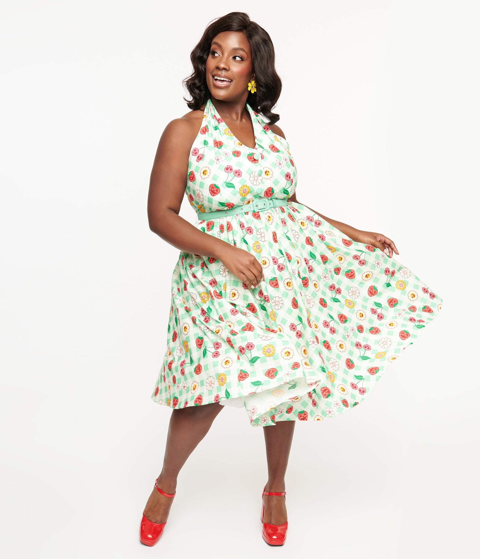 Unique Vintage Plus Size 1950s Green Gingham Spooky Fruit Print Halter Swing Dress - Unique Vintage - Womens, DRESSES, SWING