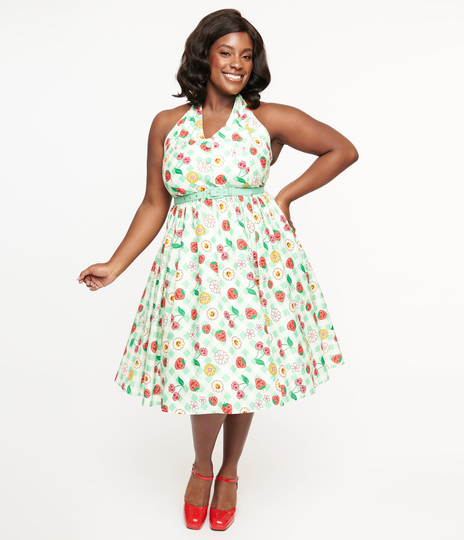 Unique Vintage Plus Size 1950s Green Gingham Spooky Fruit Print Halter Swing Dress - Unique Vintage - Womens, DRESSES, SWING