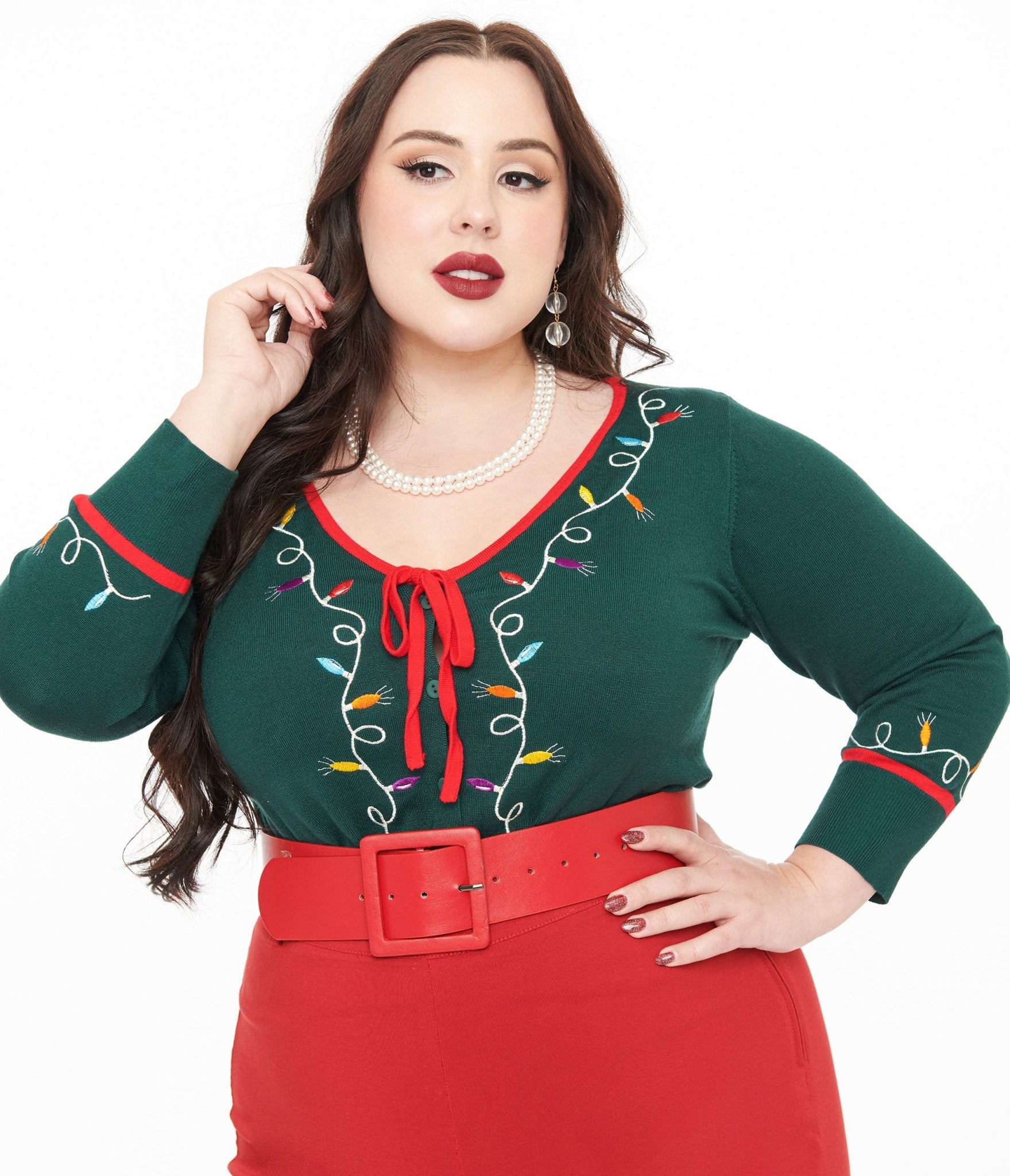 Unique Vintage Plus Size 1950s Green Holiday Lights Crop Cardigan - Unique Vintage - Womens, TOPS, SWEATERS