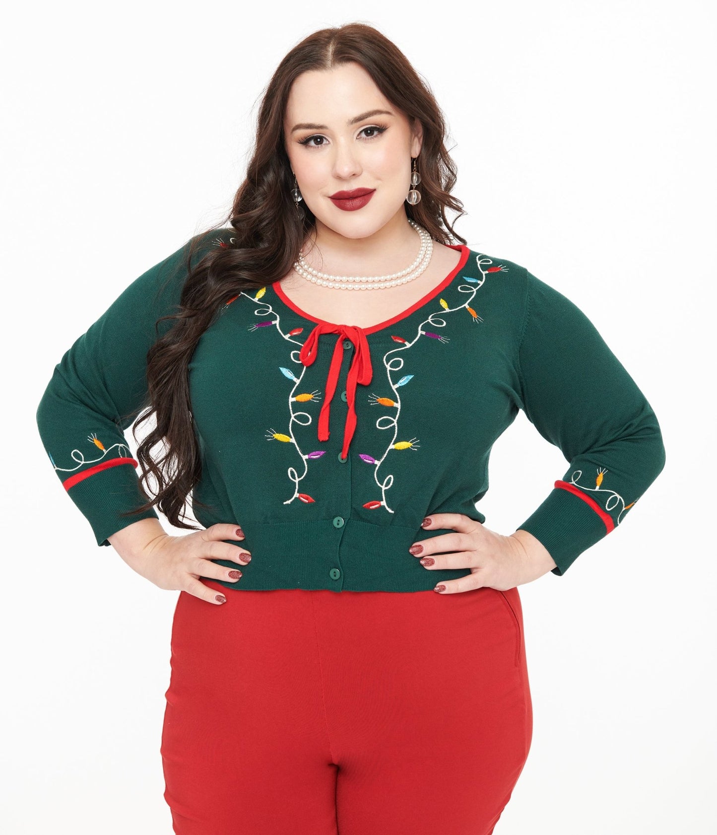 Unique Vintage Plus Size 1950s Green Holiday Lights Crop Cardigan - Unique Vintage - Womens, TOPS, SWEATERS