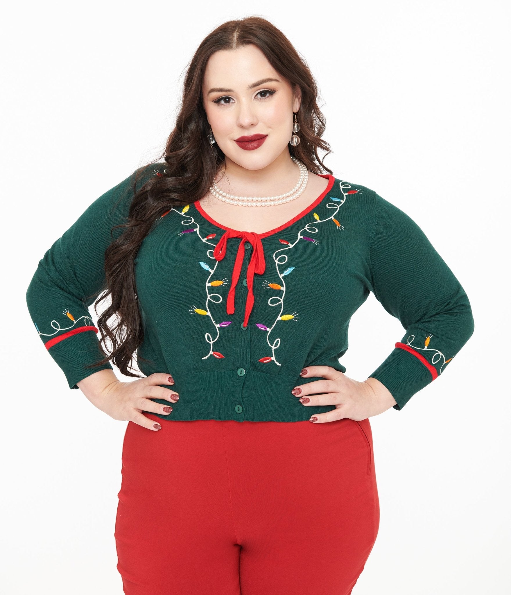 Unique Vintage Plus Size 1950s Green Holiday Lights Crop Cardigan - Unique Vintage - Womens, TOPS, SWEATERS