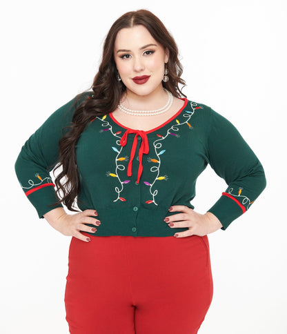 Unique Vintage Plus Size 1950s Green Holiday Lights Crop Cardigan - Unique Vintage - Womens, TOPS, SWEATERS