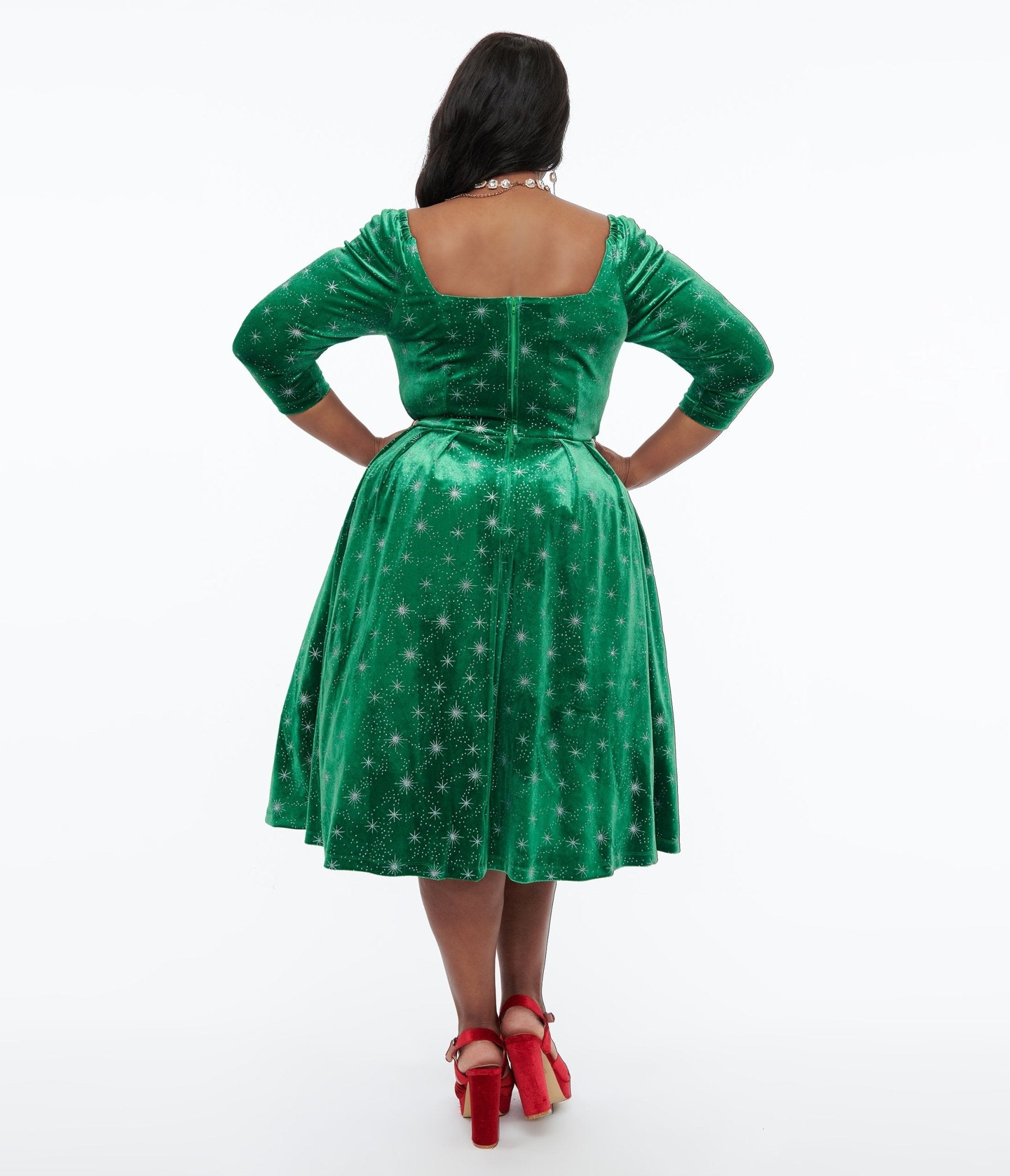 Unique Vintage Plus Size 1950s Green & Silver Snowflake Velvet Lamar Swing Dress - Unique Vintage - Womens, DRESSES, SWING
