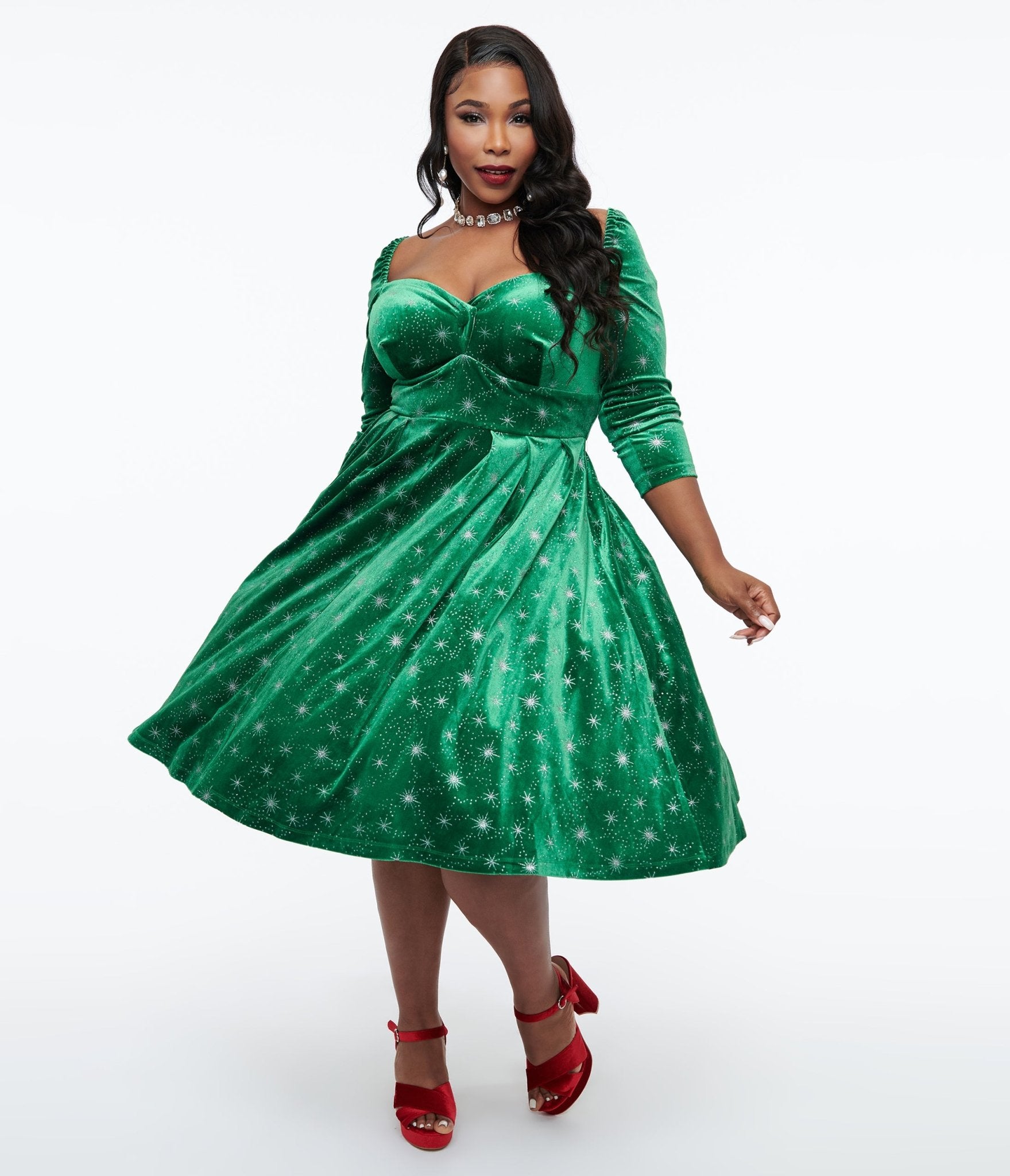Unique Vintage Plus Size 1950s Green & Silver Snowflake Velvet Lamar Swing Dress - Unique Vintage - Womens, DRESSES, SWING