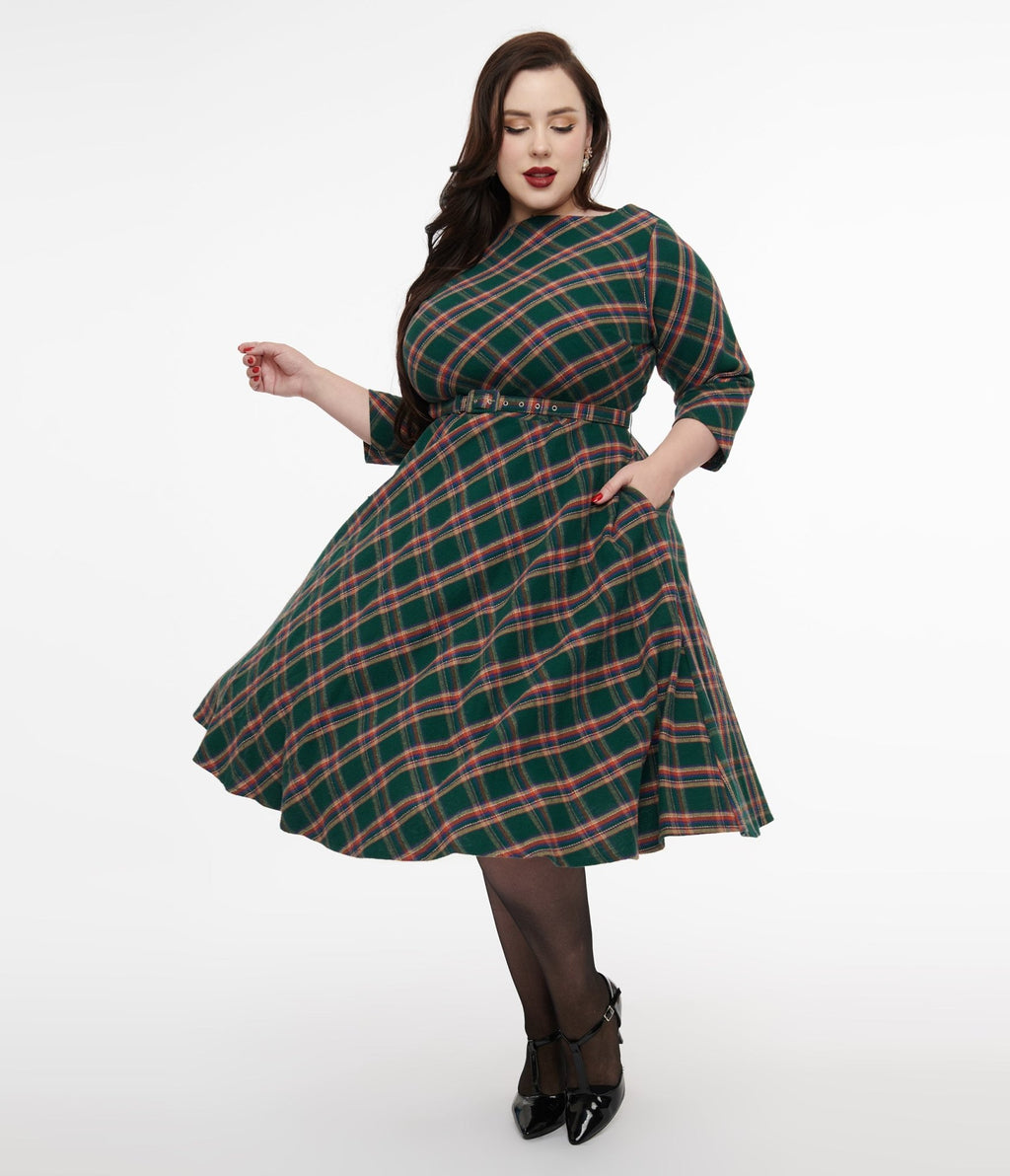 Unique Vintage Plus Size 1950s Green & Tan Plaid Devon Swing Dress - Unique Vintage - Womens, DRESSES, SWING