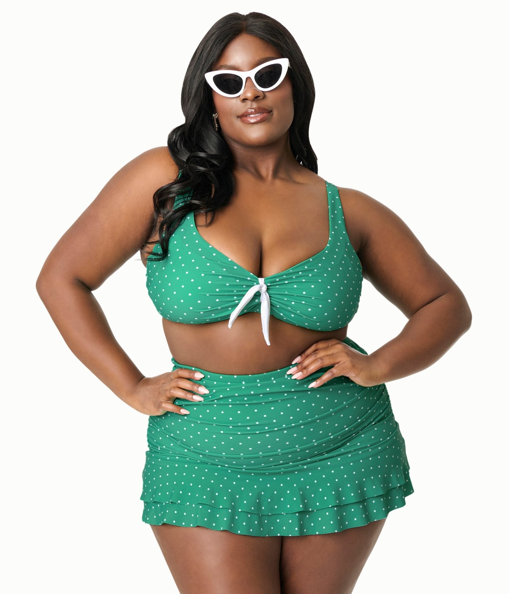 Unique Vintage Plus Size 1950s Green & White Pin Dot Swim Top - Unique Vintage - Womens, SWIM, TOP