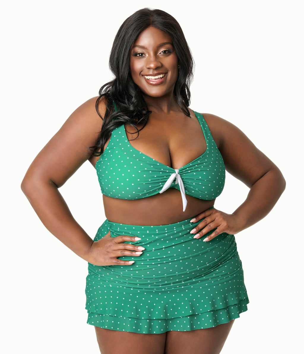 Unique Vintage Plus Size 1950s Green & White Pin Dot Swim Top - Unique Vintage - Womens, SWIM, TOP