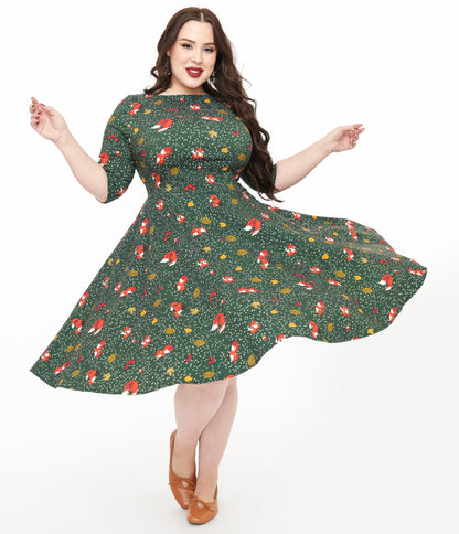 Unique Vintage Plus Size 1950s Green Winter Fox Devon Swing Dress - Unique Vintage - Womens, DRESSES, SWING
