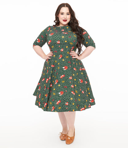 Unique Vintage Plus Size 1950s Green Winter Fox Devon Swing Dress - Unique Vintage - Womens, DRESSES, SWING