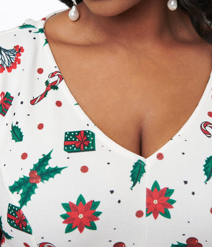 Unique Vintage Plus Size 1950s Ivory Christmas Print Poppy Flare Dress - Unique Vintage - Womens, DRESSES, FIT AND FLARE