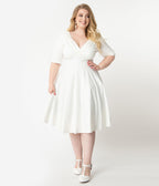 Unique Vintage Plus Size 1950s Ivory Delores Swing Dress with Sleeves - Unique Vintage - Womens, DRESSES, SWING