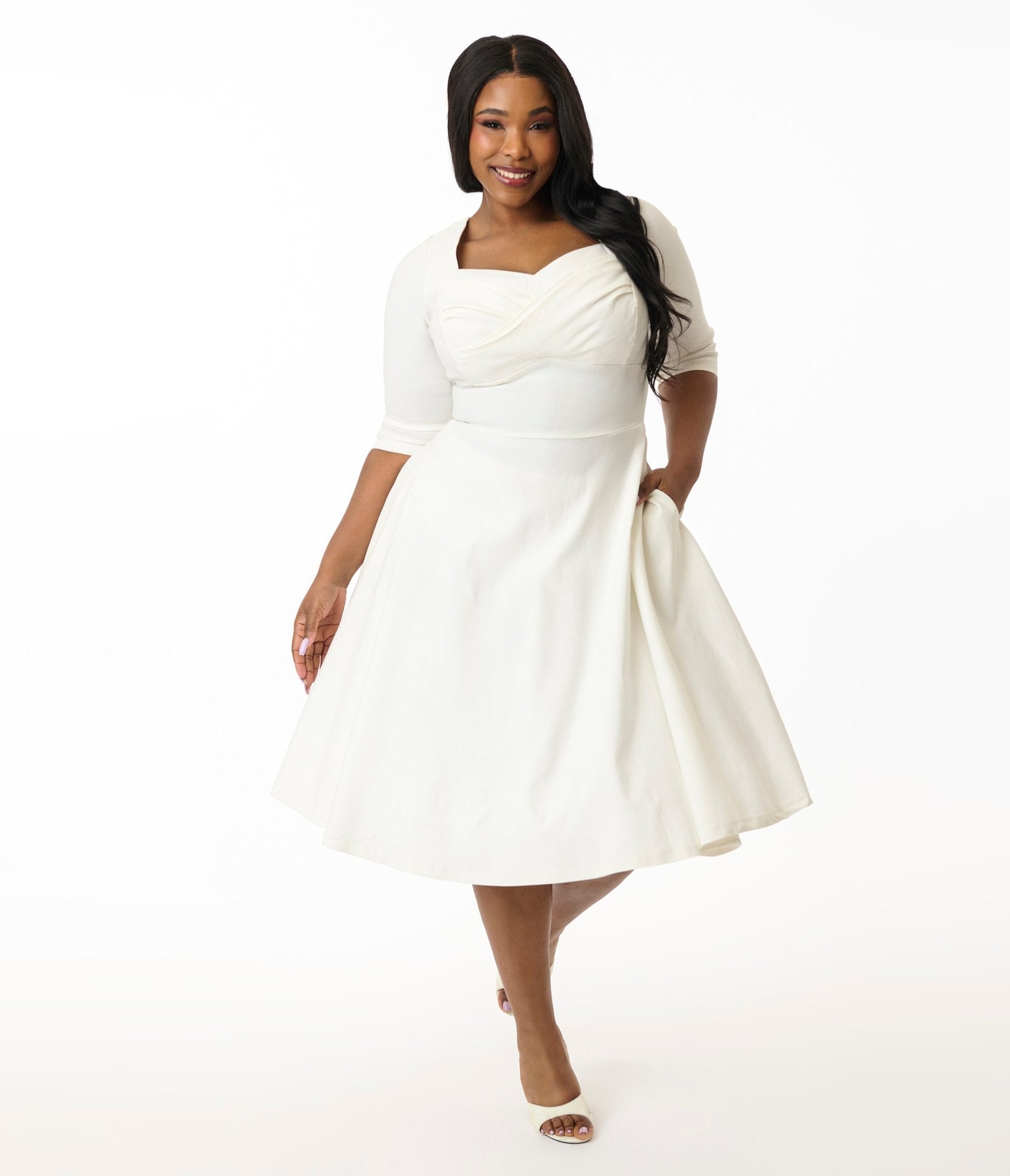 Unique Vintage Plus Size 1950s Ivory Pleated Bust Swing Dress - Unique Vintage - Womens, DRESSES, SWING
