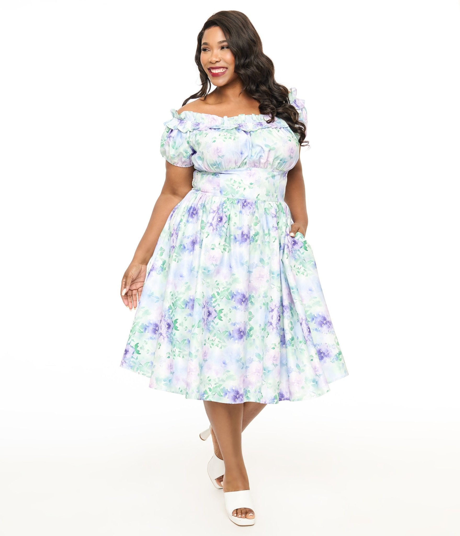 Unique Vintage Plus Size 1950s Lavender Floral Off The Shoulder Ruffle Swing Dress - Unique Vintage - Womens, DRESSES, SWING