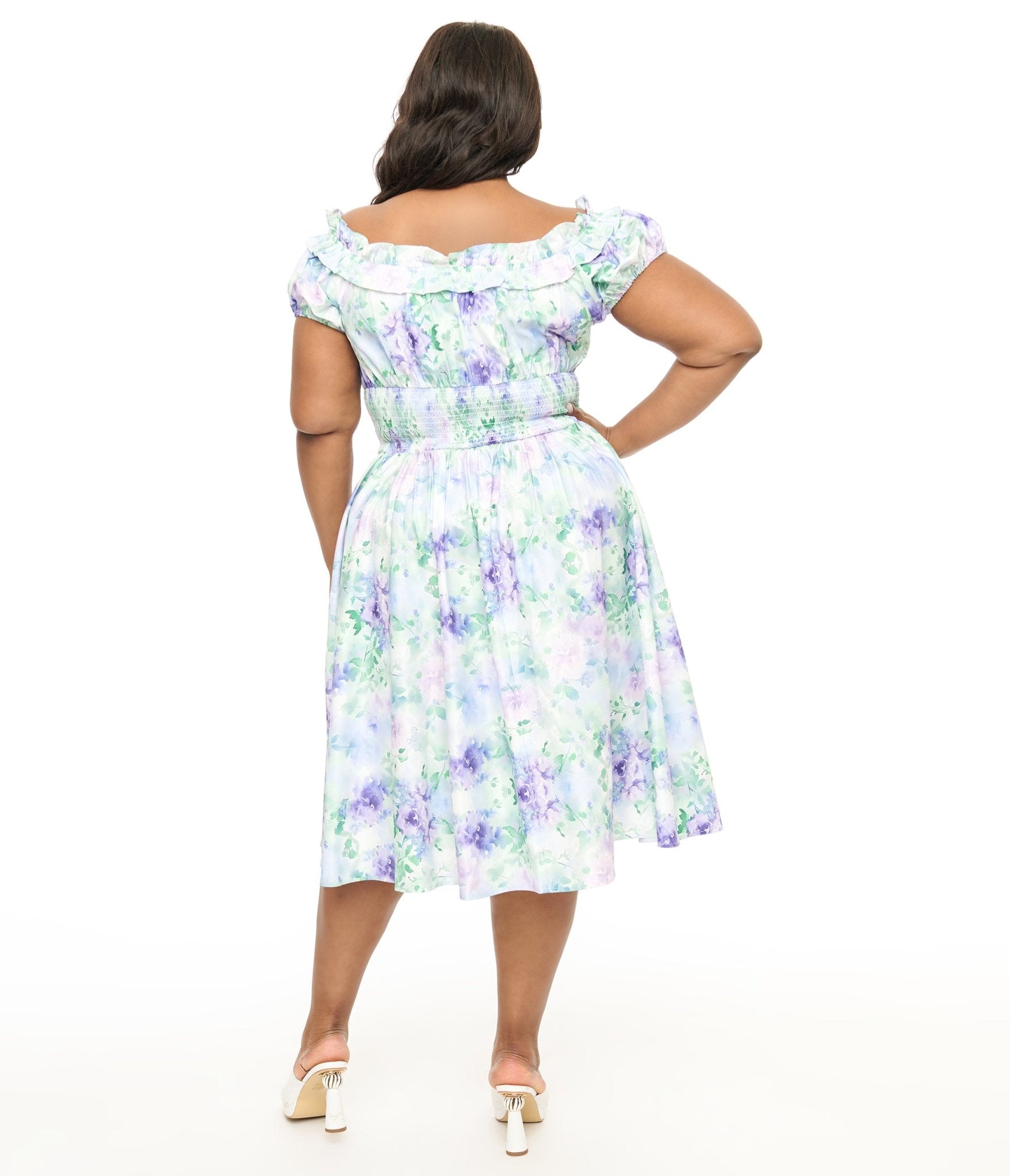 Unique Vintage Plus Size 1950s Lavender Floral Off The Shoulder Ruffle Swing Dress - Unique Vintage - Womens, DRESSES, SWING