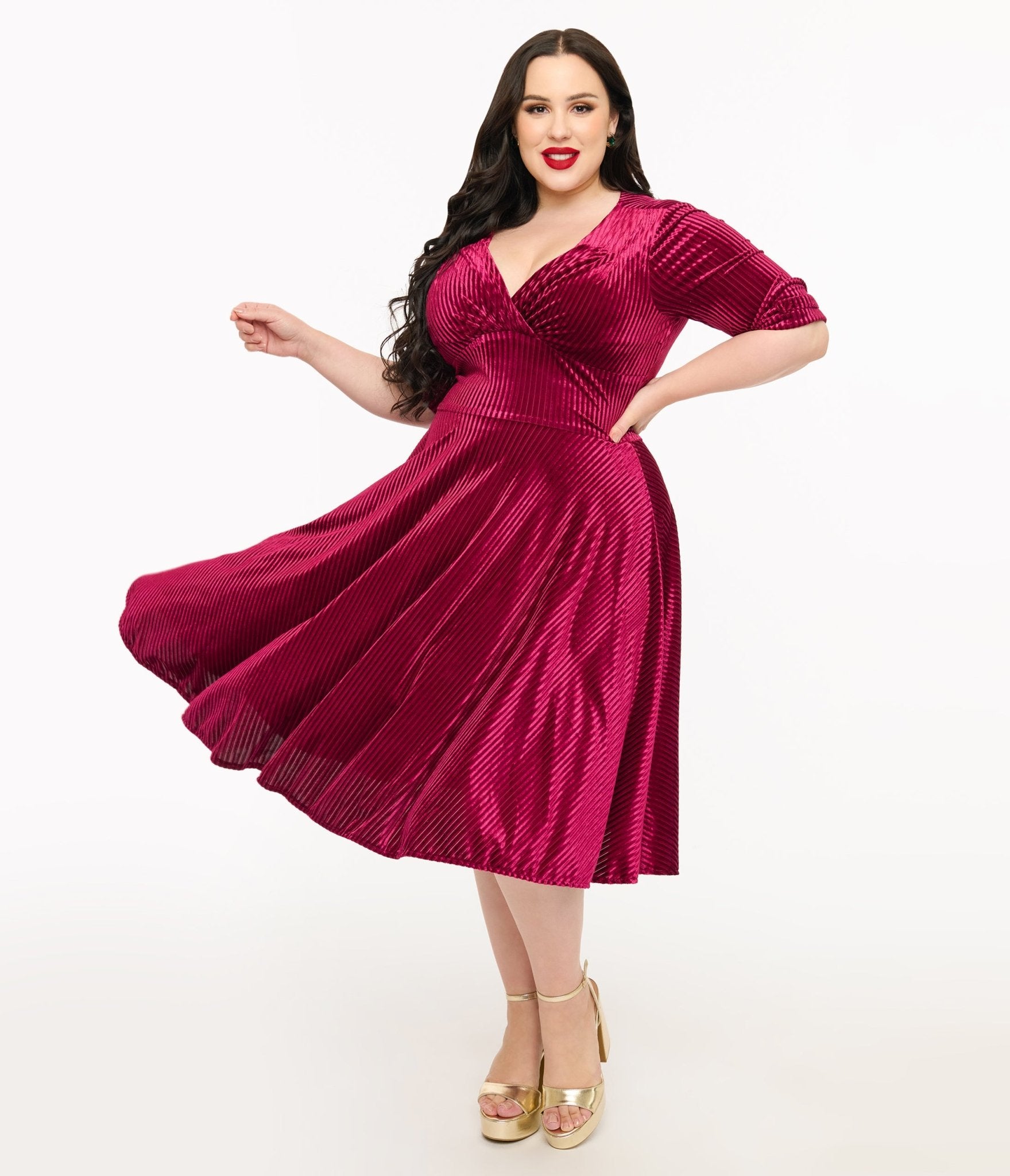 Unique Vintage Plus Size 1950s Merlot Textured Velvet Delores Swing Dress - Unique Vintage - Womens, DRESSES, SWING