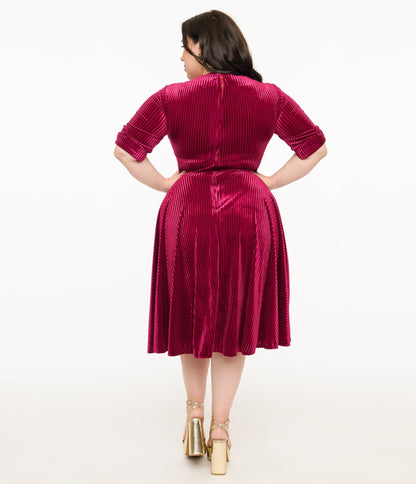 Unique Vintage Plus Size 1950s Merlot Textured Velvet Delores Swing Dress - Unique Vintage - Womens, DRESSES, SWING
