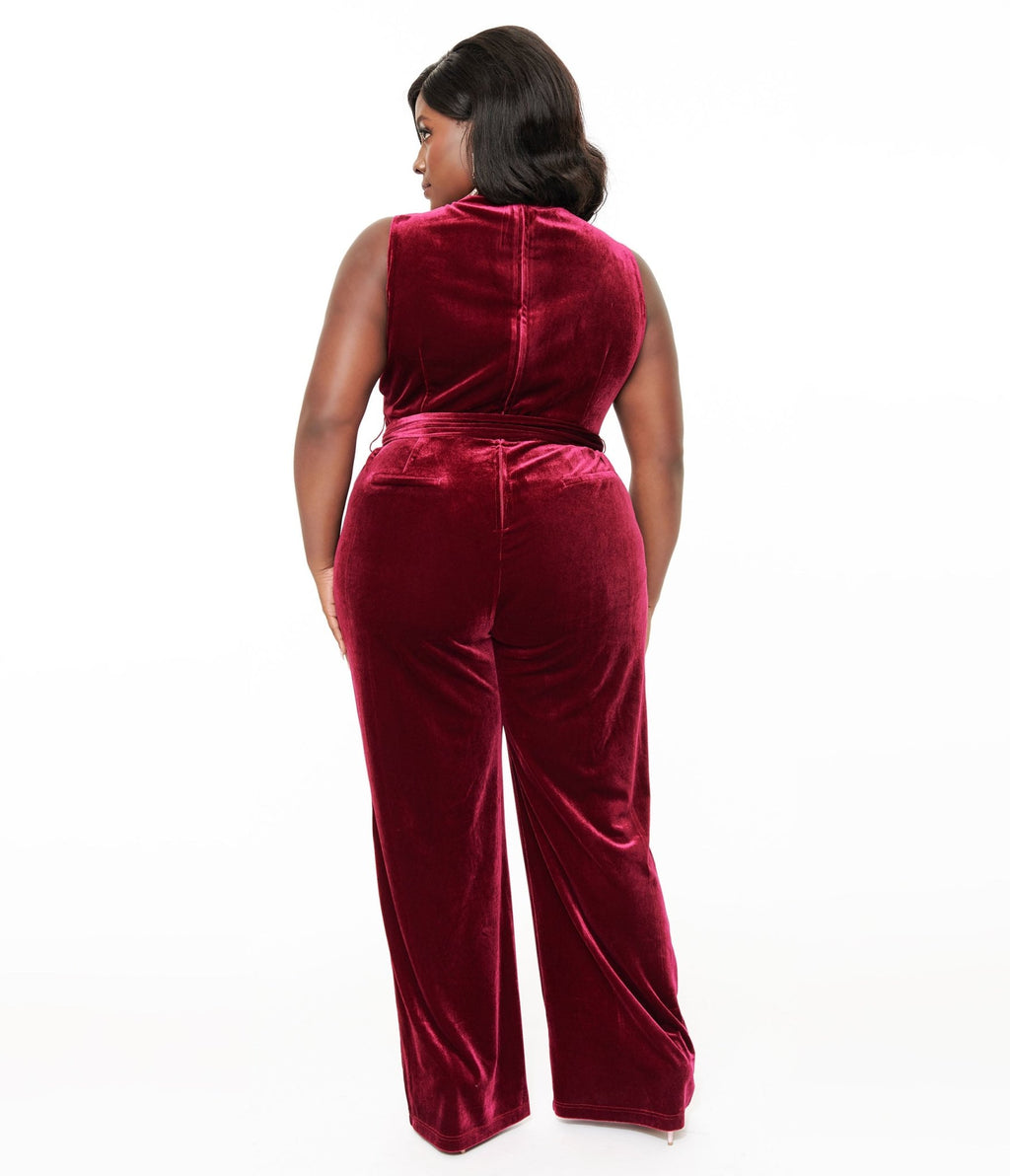 Unique Vintage Plus Size 1950s Merlot Velvet Boat Neck Jumpsuit - Unique Vintage - Womens, BOTTOMS, ROMPERS AND JUMPSUITS