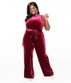 Unique Vintage Plus Size 1950s Merlot Velvet Boat Neck Jumpsuit - Unique Vintage - Womens, BOTTOMS, ROMPERS AND JUMPSUITS